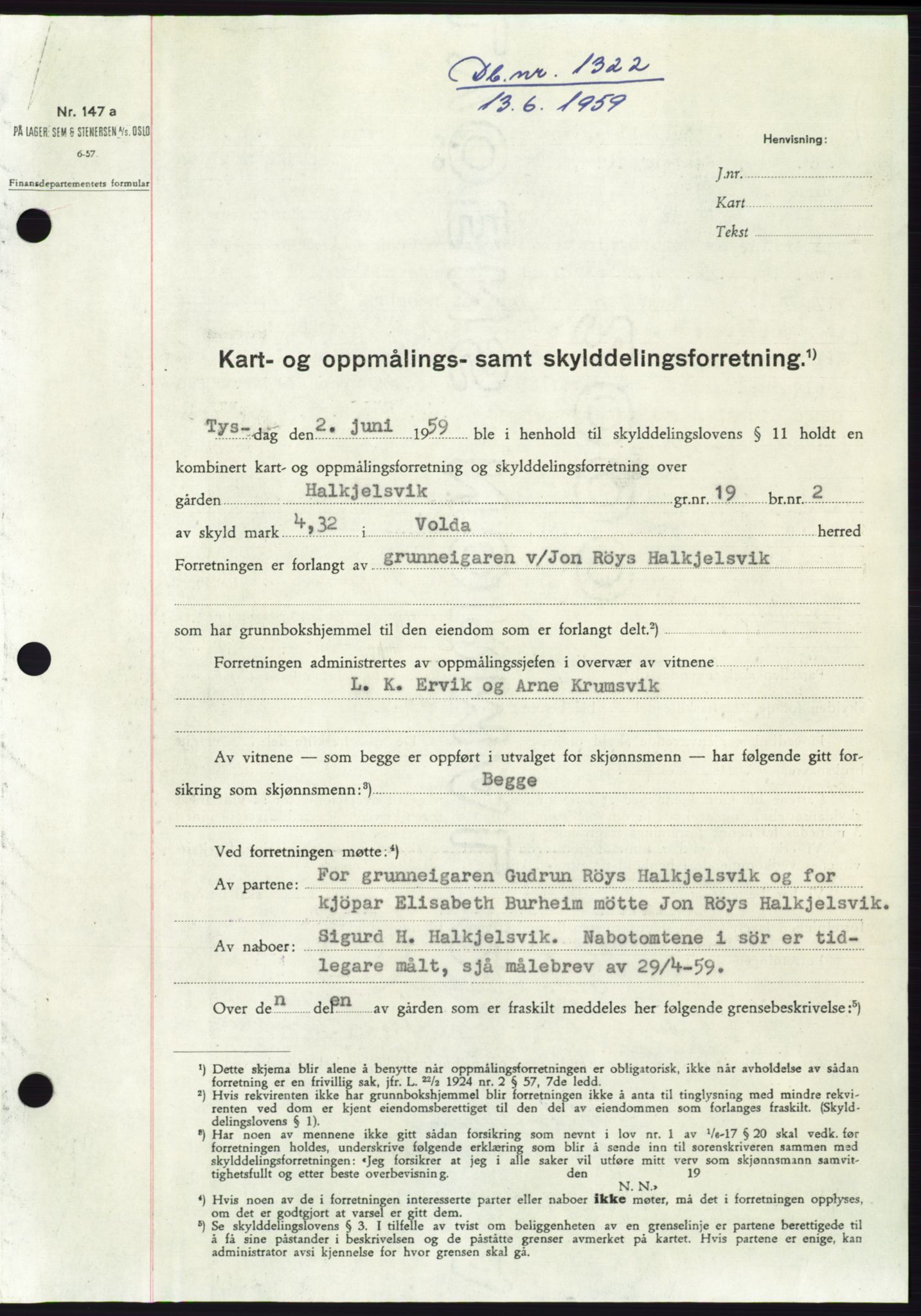 Søre Sunnmøre sorenskriveri, SAT/A-4122/1/2/2C/L0112: Pantebok nr. 38A, 1959-1959, Dagboknr: 1322/1959