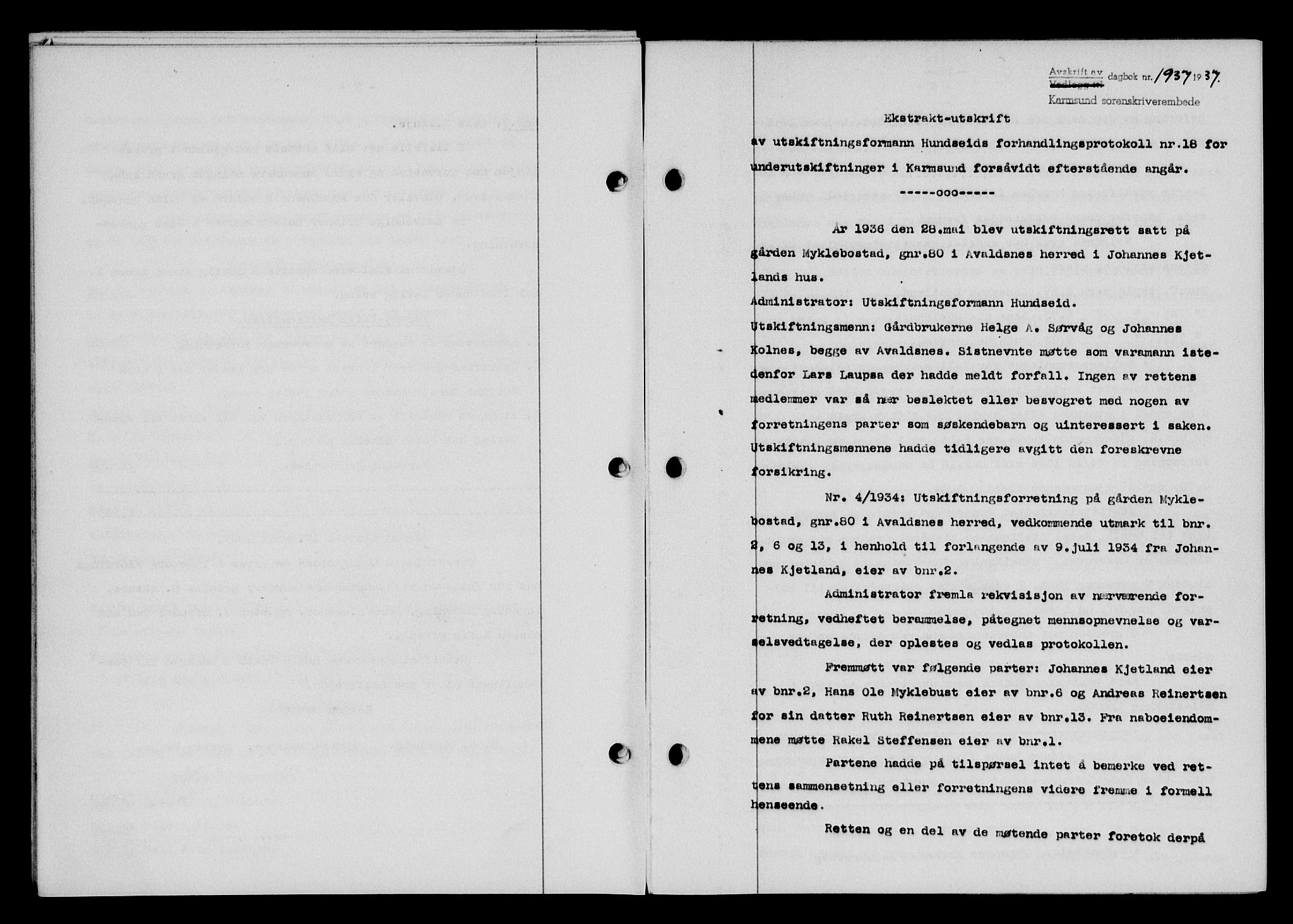 Karmsund sorenskriveri, SAST/A-100311/01/II/IIB/L0068: Pantebok nr. 49A, 1937-1937, Dagboknr: 1937/1937