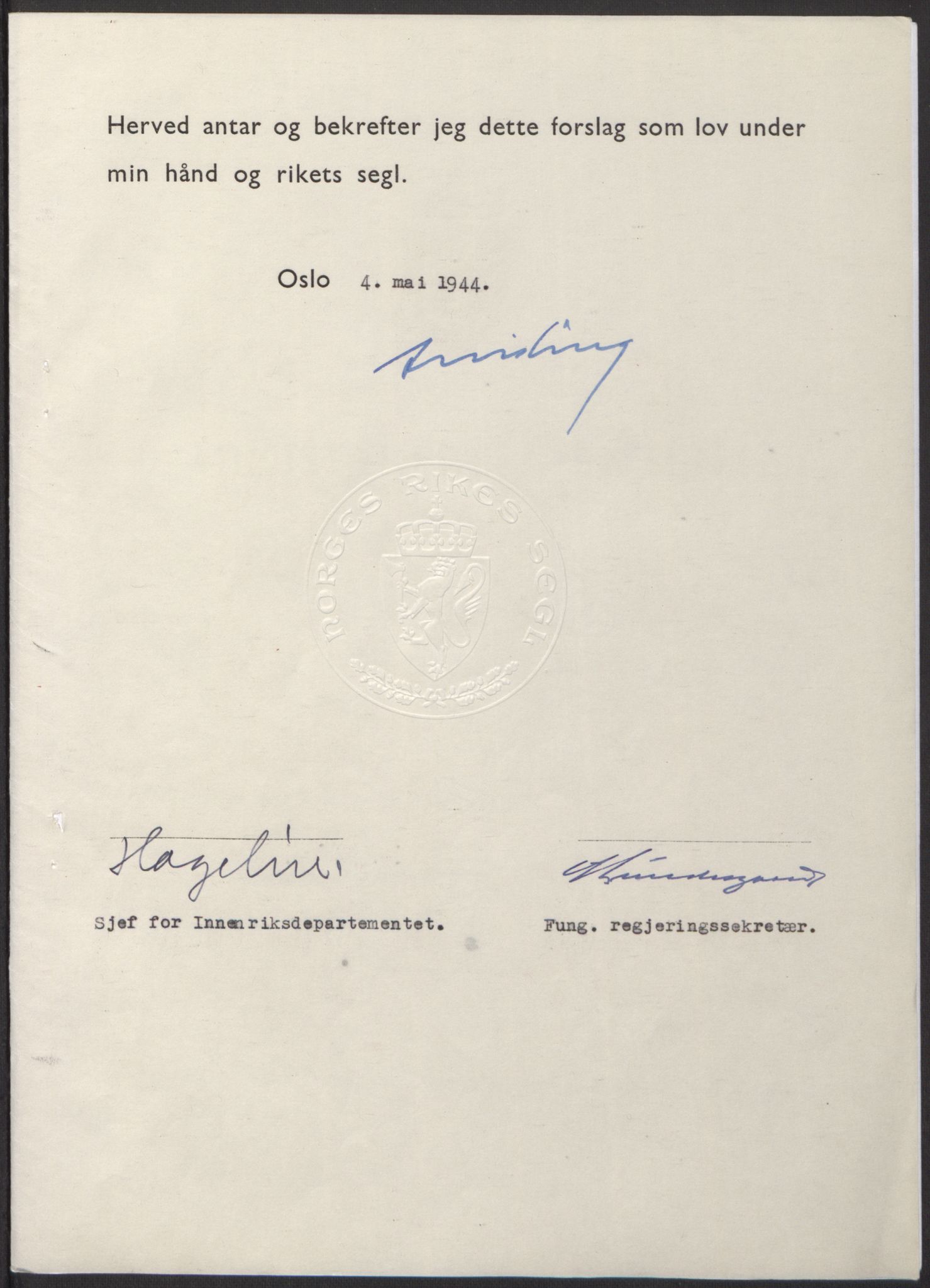 NS-administrasjonen 1940-1945 (Statsrådsekretariatet, de kommisariske statsråder mm), RA/S-4279/D/Db/L0100: Lover, 1944, s. 204