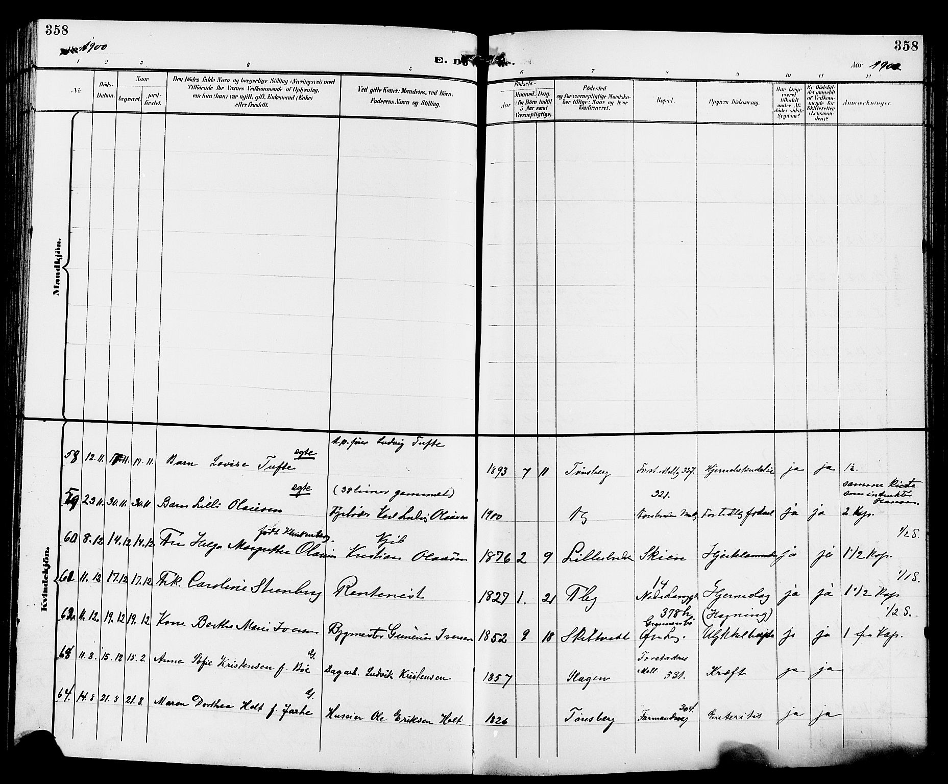 Tønsberg kirkebøker, AV/SAKO-A-330/G/Ga/L0007: Klokkerbok nr. 7, 1896-1904, s. 358