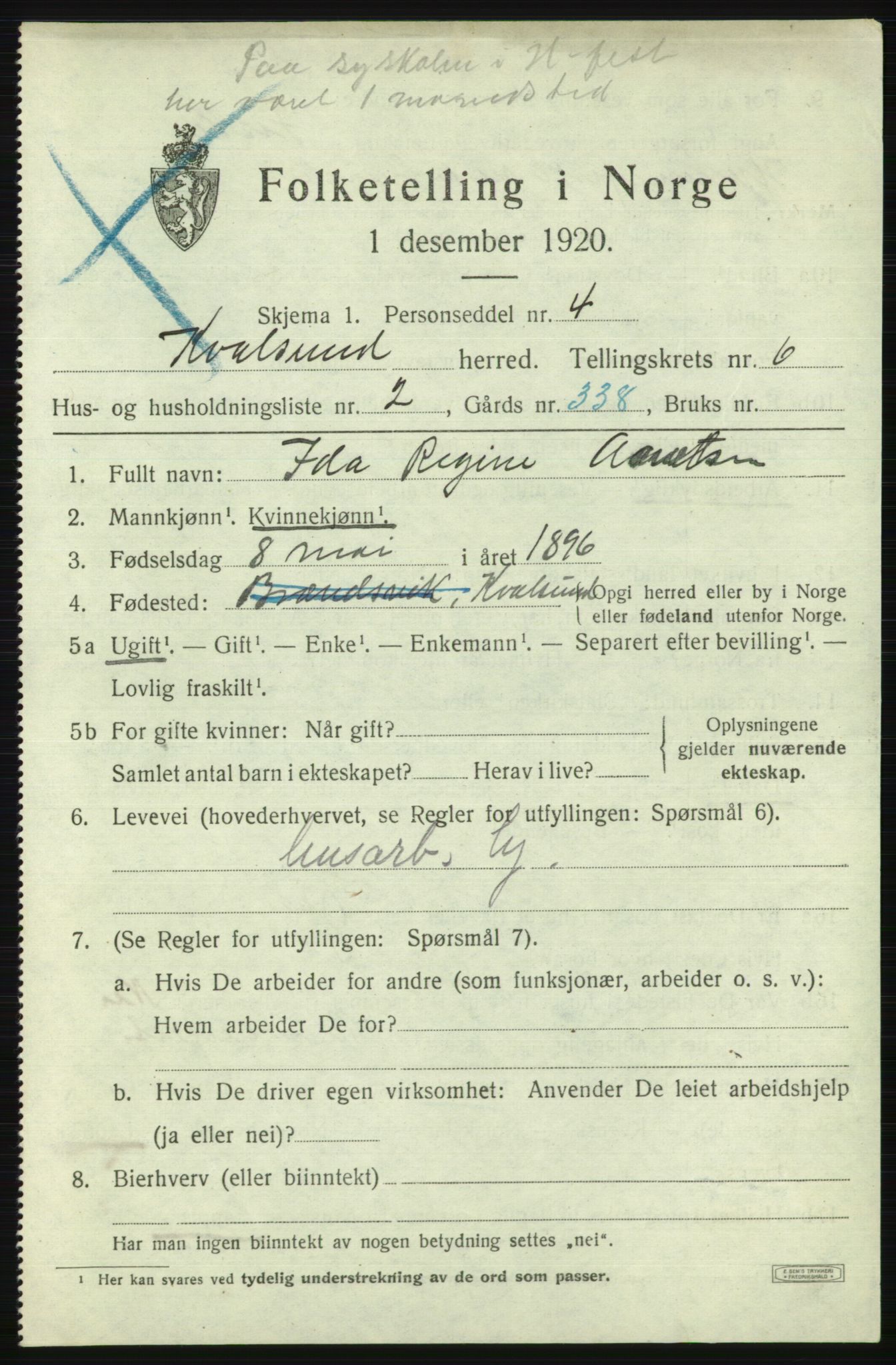 SATØ, Folketelling 1920 for 2017 Kvalsund herred, 1920, s. 1998