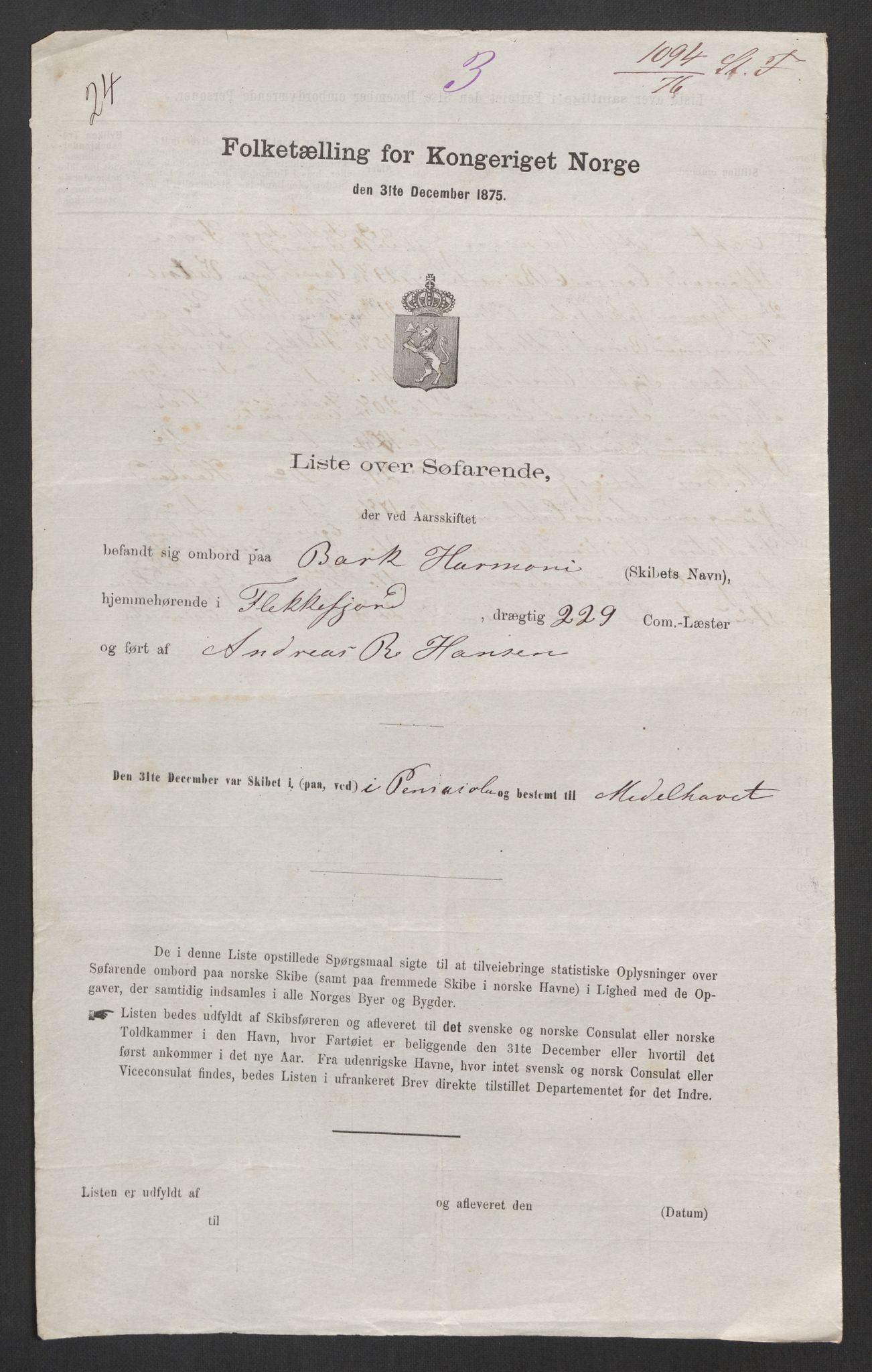 RA, Folketelling 1875, skipslister: Skip i utenrikske havner, hjemmehørende i 1) byer og ladesteder, Grimstad - Tromsø, 2) landdistrikter, 1875, s. 393
