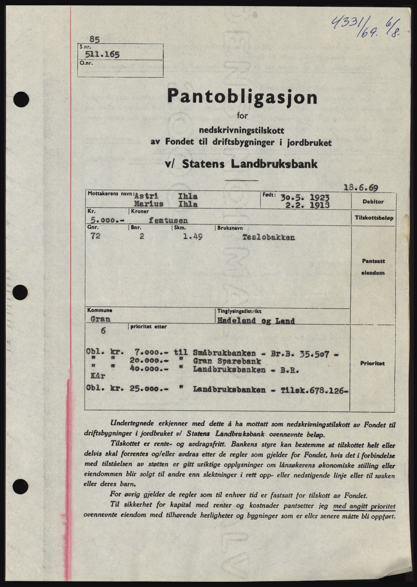 Hadeland og Land tingrett, SAH/TING-010/H/Hb/Hbc/L0074: Pantebok nr. B74, 1969-1969, Dagboknr: 4331/1969