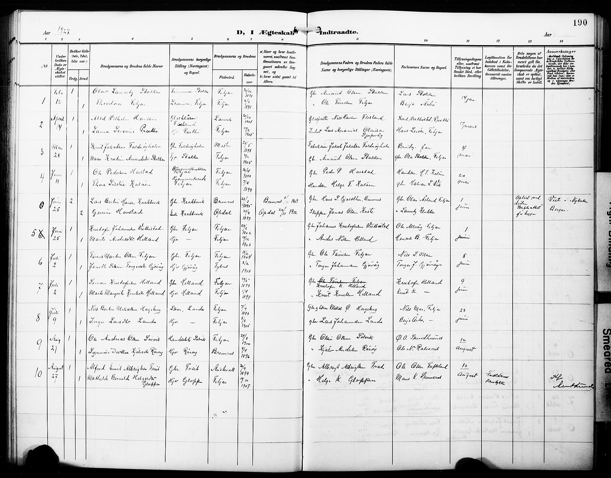 Fitjar sokneprestembete, AV/SAB-A-99926: Klokkerbok nr. B 1, 1906-1928, s. 190