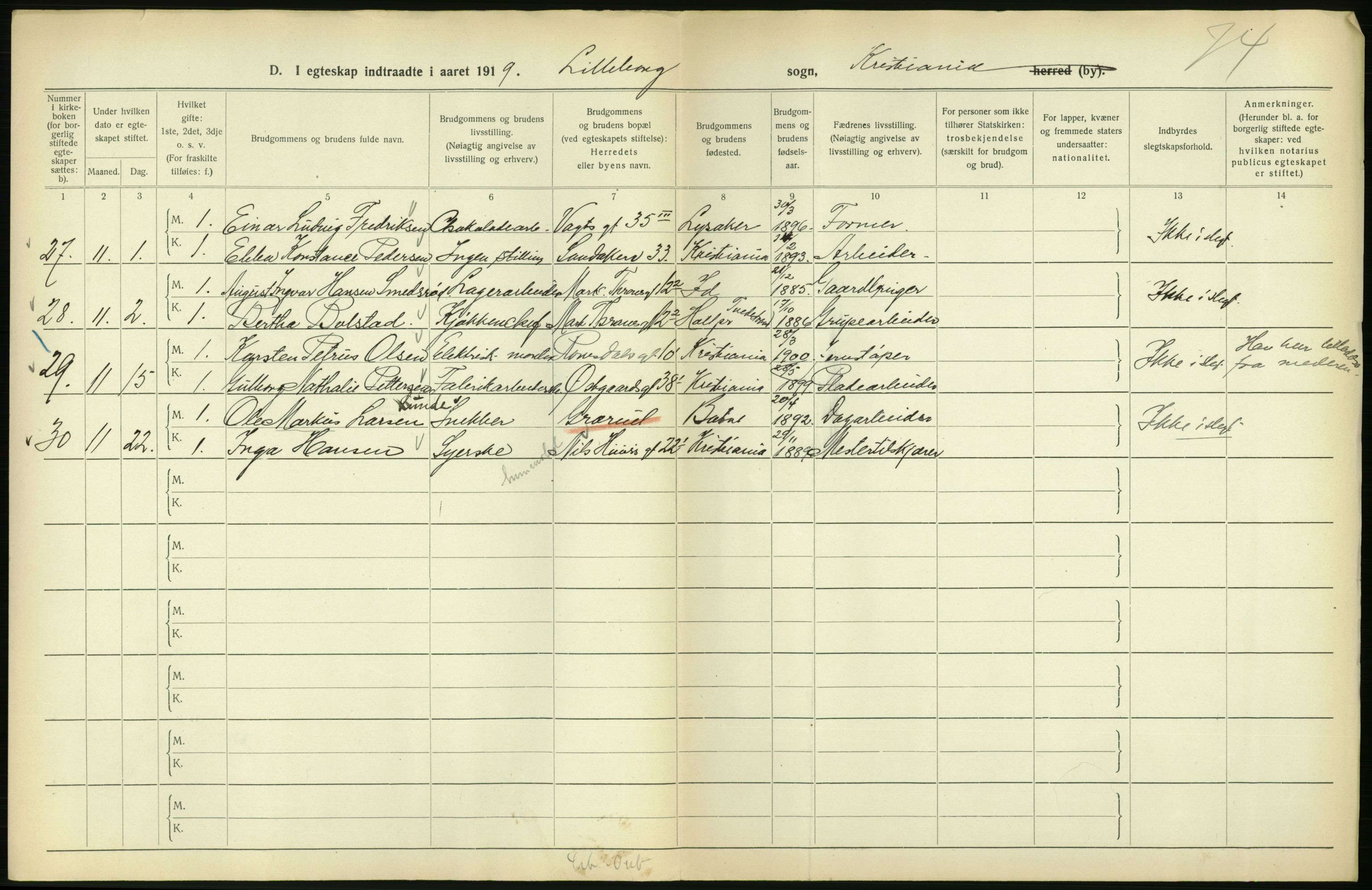 Statistisk sentralbyrå, Sosiodemografiske emner, Befolkning, AV/RA-S-2228/D/Df/Dfb/Dfbi/L0009: Kristiania: Gifte, 1919, s. 568