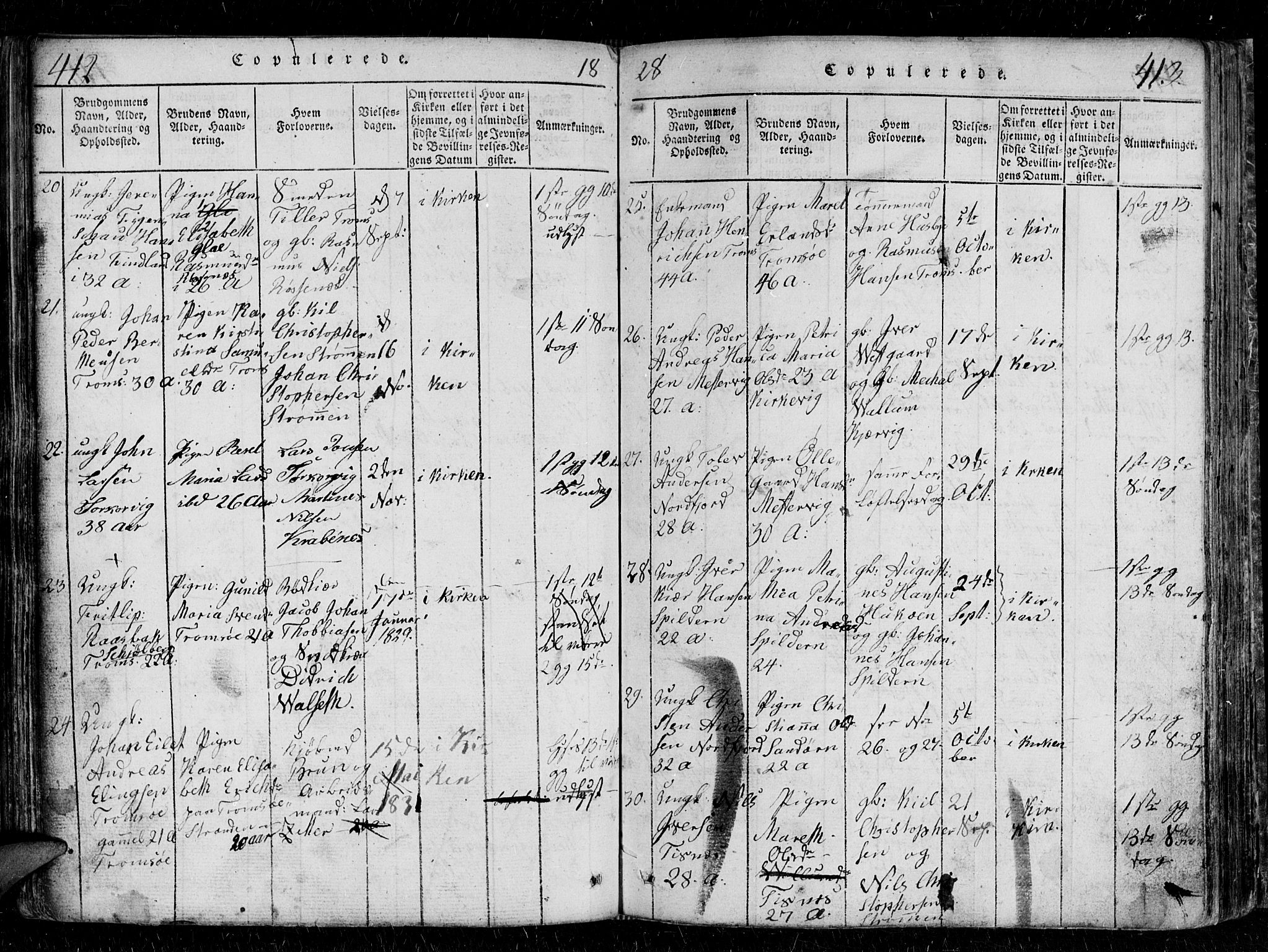 Tromsø sokneprestkontor/stiftsprosti/domprosti, AV/SATØ-S-1343/G/Gb/L0001klokker: Klokkerbok nr. 1, 1821-1833, s. 412-413