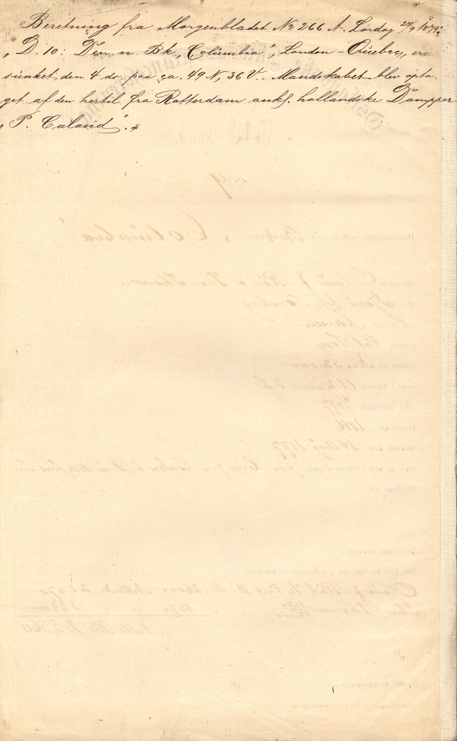 Pa 63 - Østlandske skibsassuranceforening, VEMU/A-1079/G/Ga/L0011/0005: Havaridokumenter / Columbia, 1879