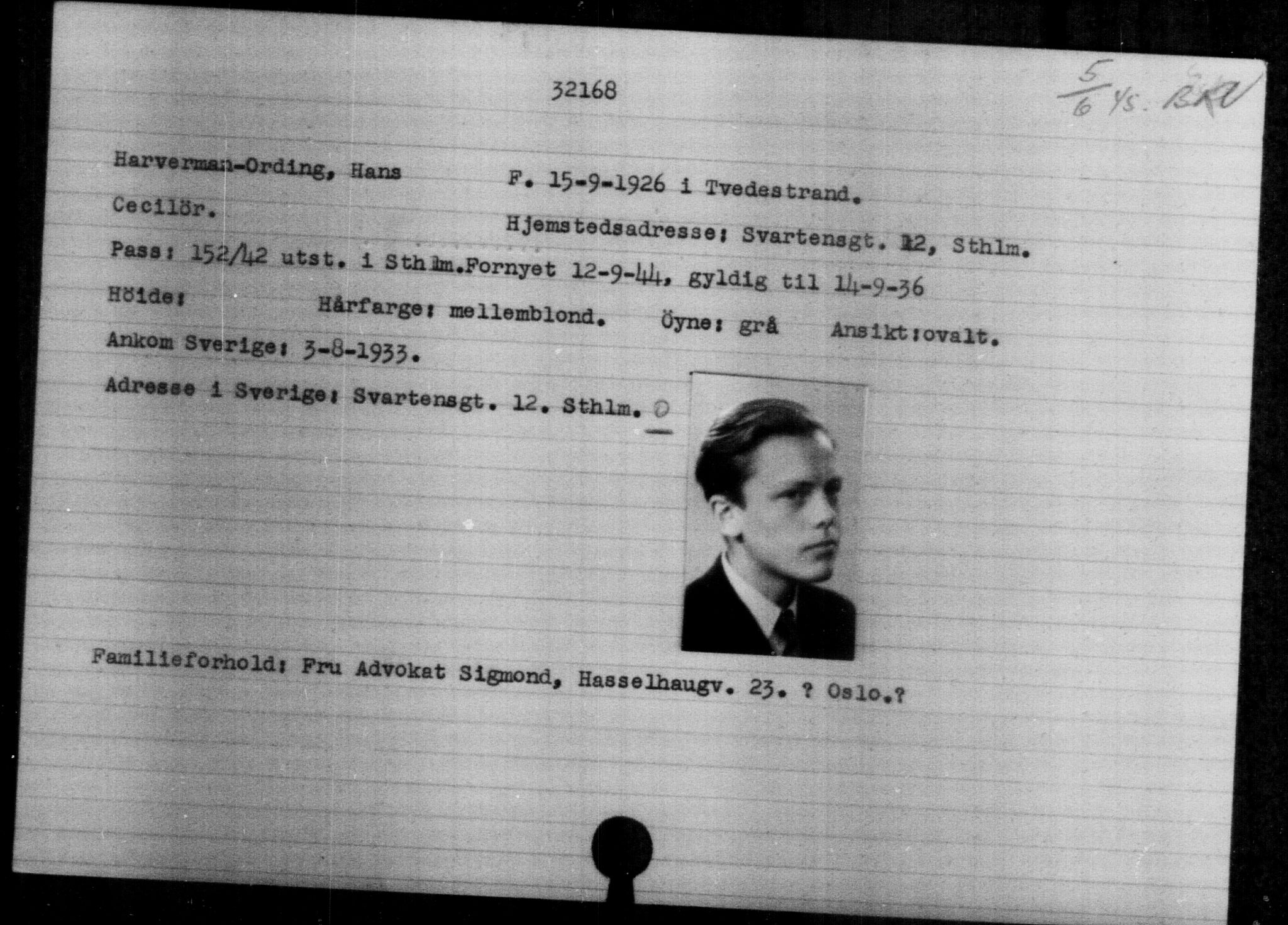 Utenriksstasjonene, Legasjonen i Stockholm, Flyktningkontoret, AV/RA-S-6753/V/Va/L0013: Kjesäterkartoteket, flyktninger med registreringsnr. 31500-34731, 1940-1945, s. 713