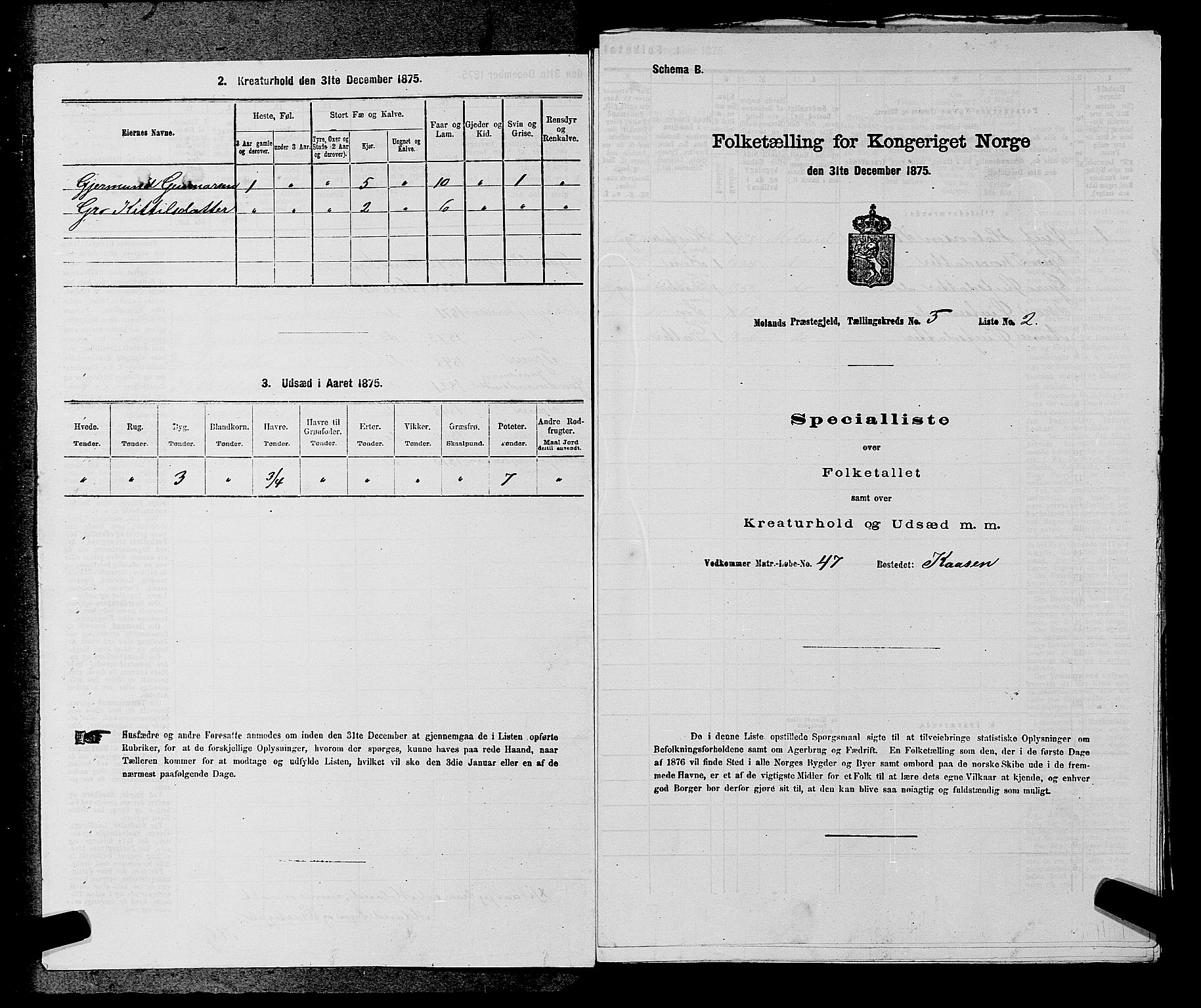 SAKO, Folketelling 1875 for 0831P Moland prestegjeld, 1875, s. 443