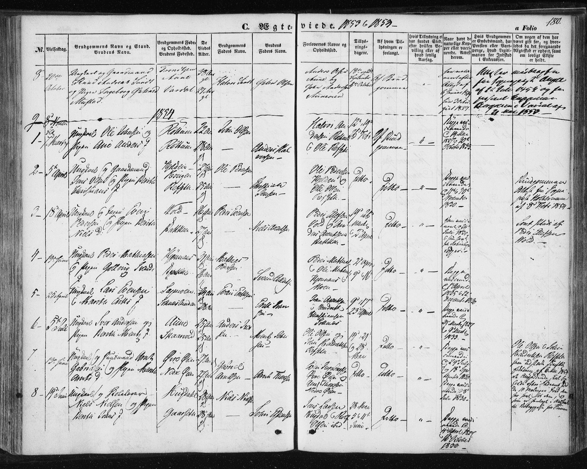 Ministerialprotokoller, klokkerbøker og fødselsregistre - Sør-Trøndelag, AV/SAT-A-1456/687/L1000: Ministerialbok nr. 687A06, 1848-1869, s. 180