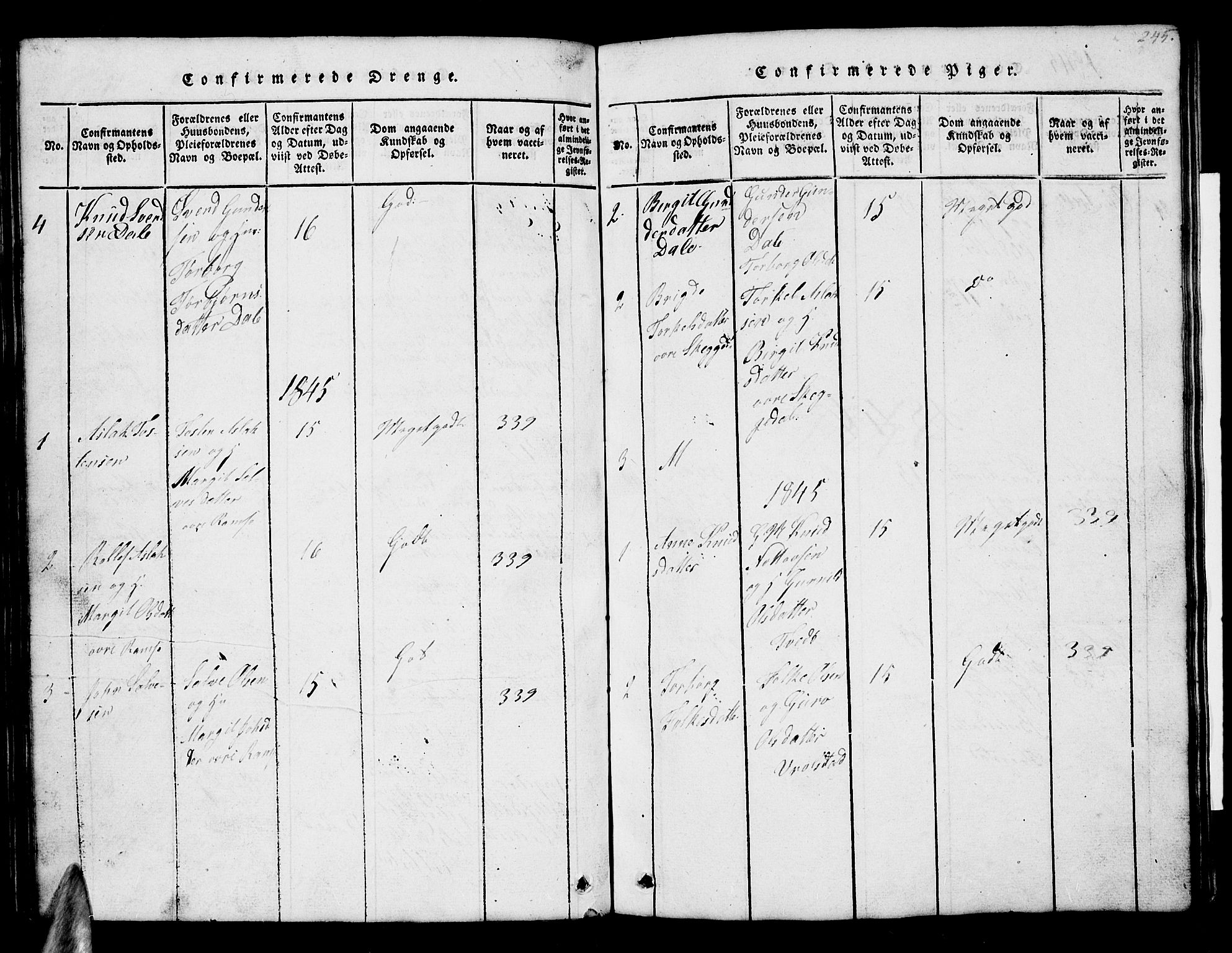 Åmli sokneprestkontor, SAK/1111-0050/F/Fb/Fbb/L0001: Klokkerbok nr. B 1, 1816-1889, s. 245