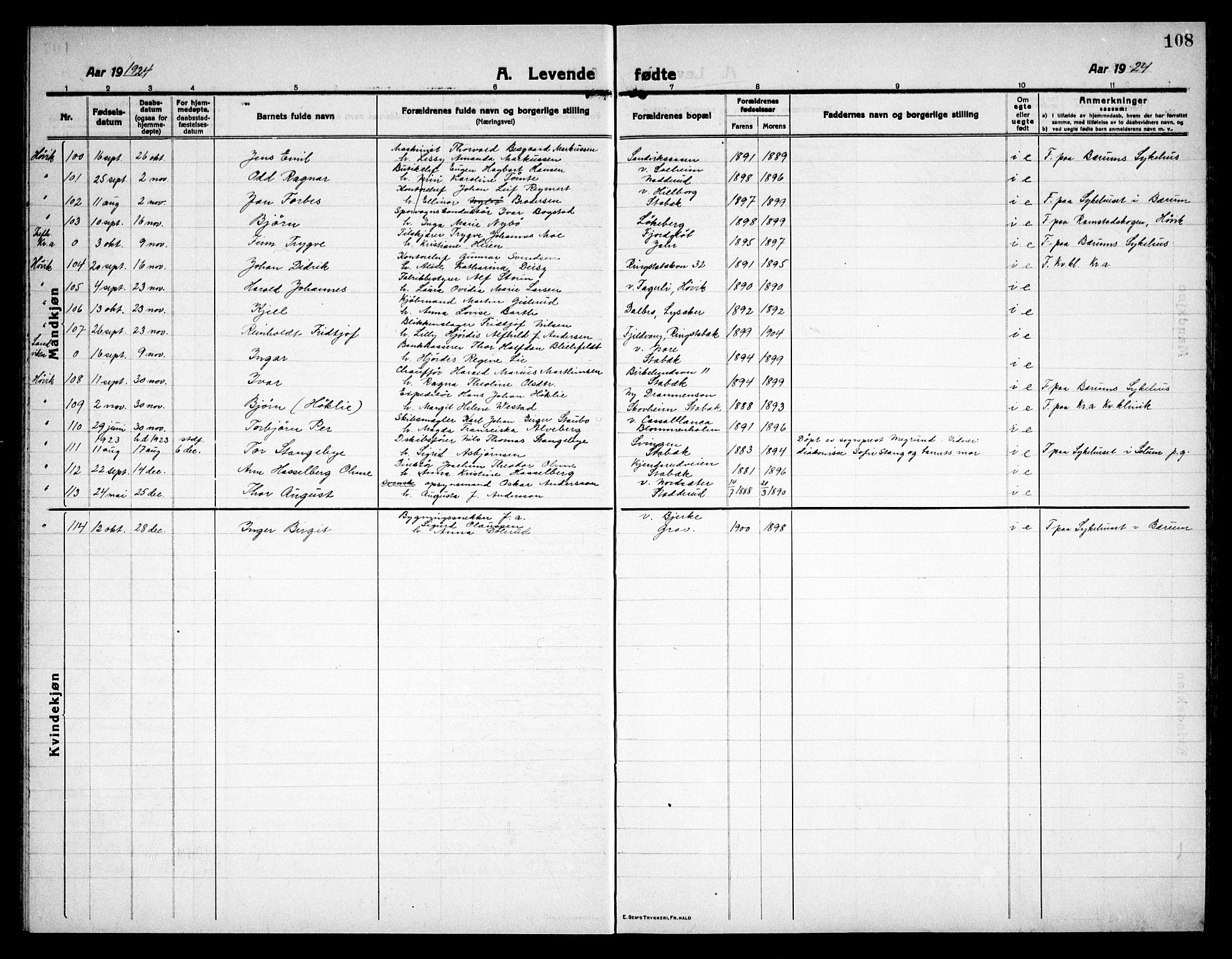 Østre Bærum prestekontor Kirkebøker, SAO/A-10887/G/Ga/L0002: Klokkerbok nr. 2, 1912-1929, s. 108