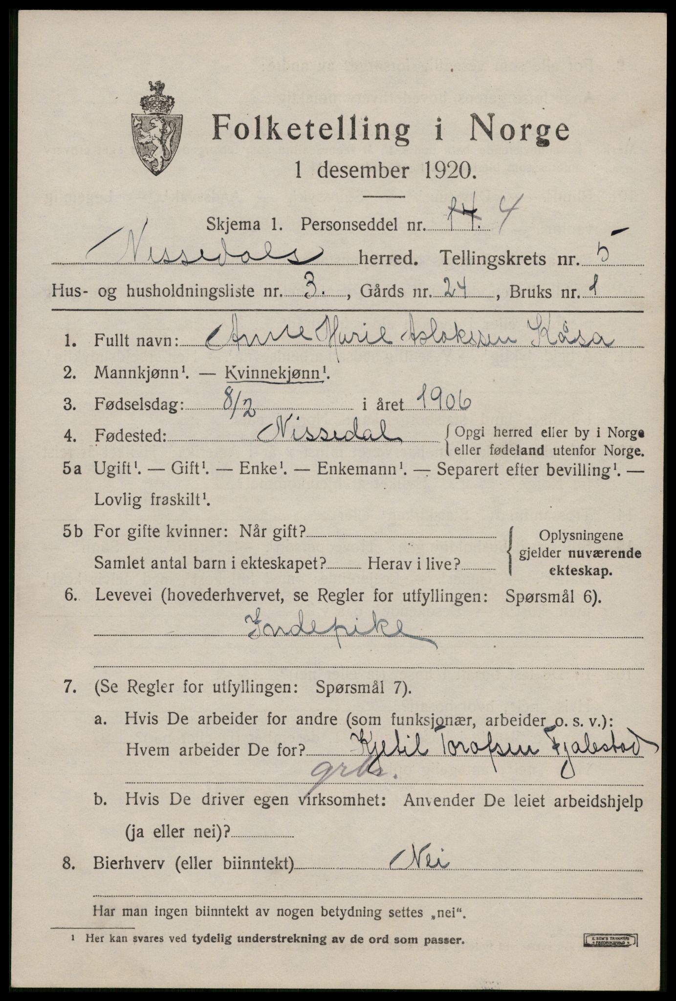 SAKO, Folketelling 1920 for 0830 Nissedal herred, 1920, s. 2057