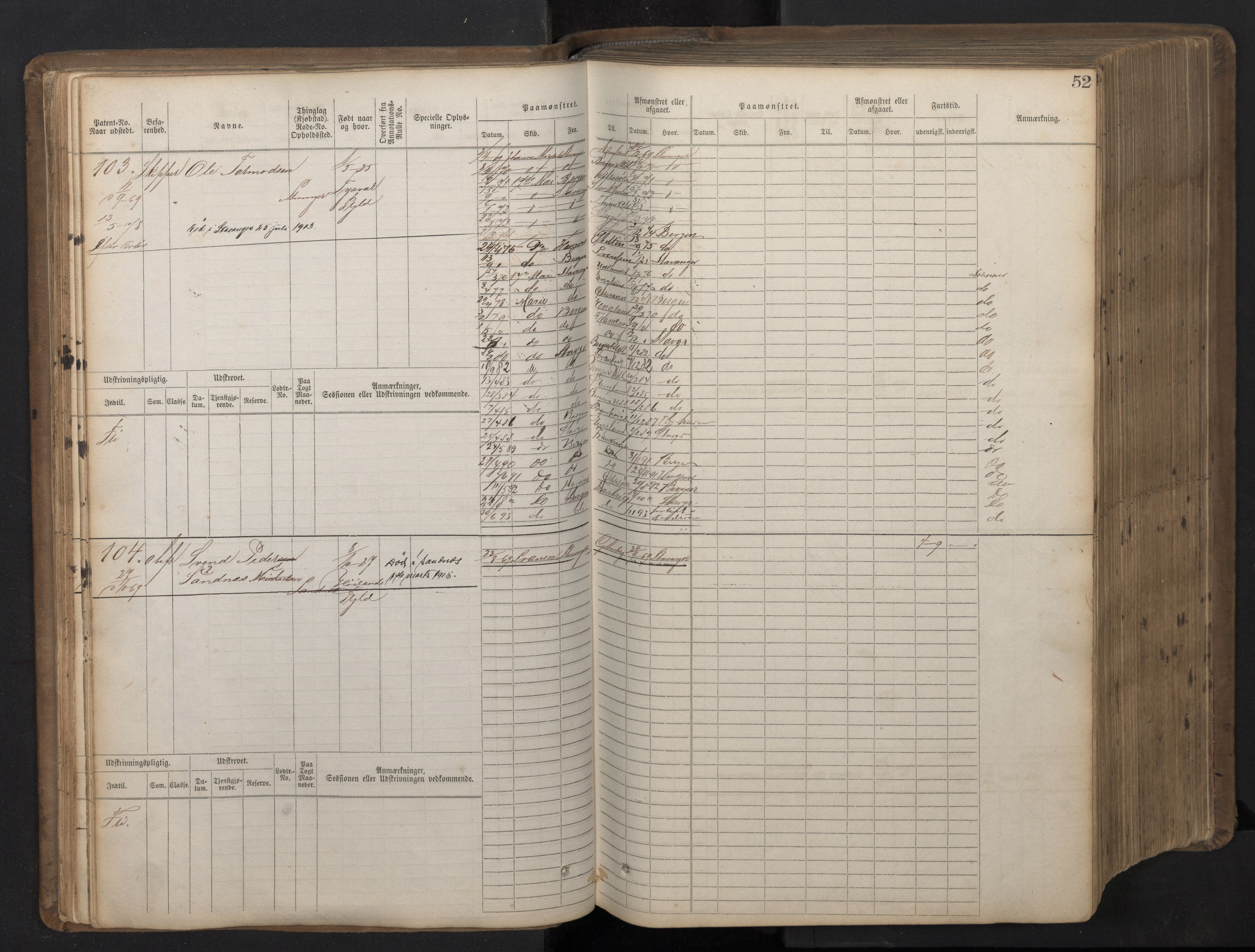 Stavanger sjømannskontor, AV/SAST-A-102006/F/Fb/Fbb/L0016: Sjøfartshovedrulle patnentnr. 1-1202 (dublett), 1869, s. 52