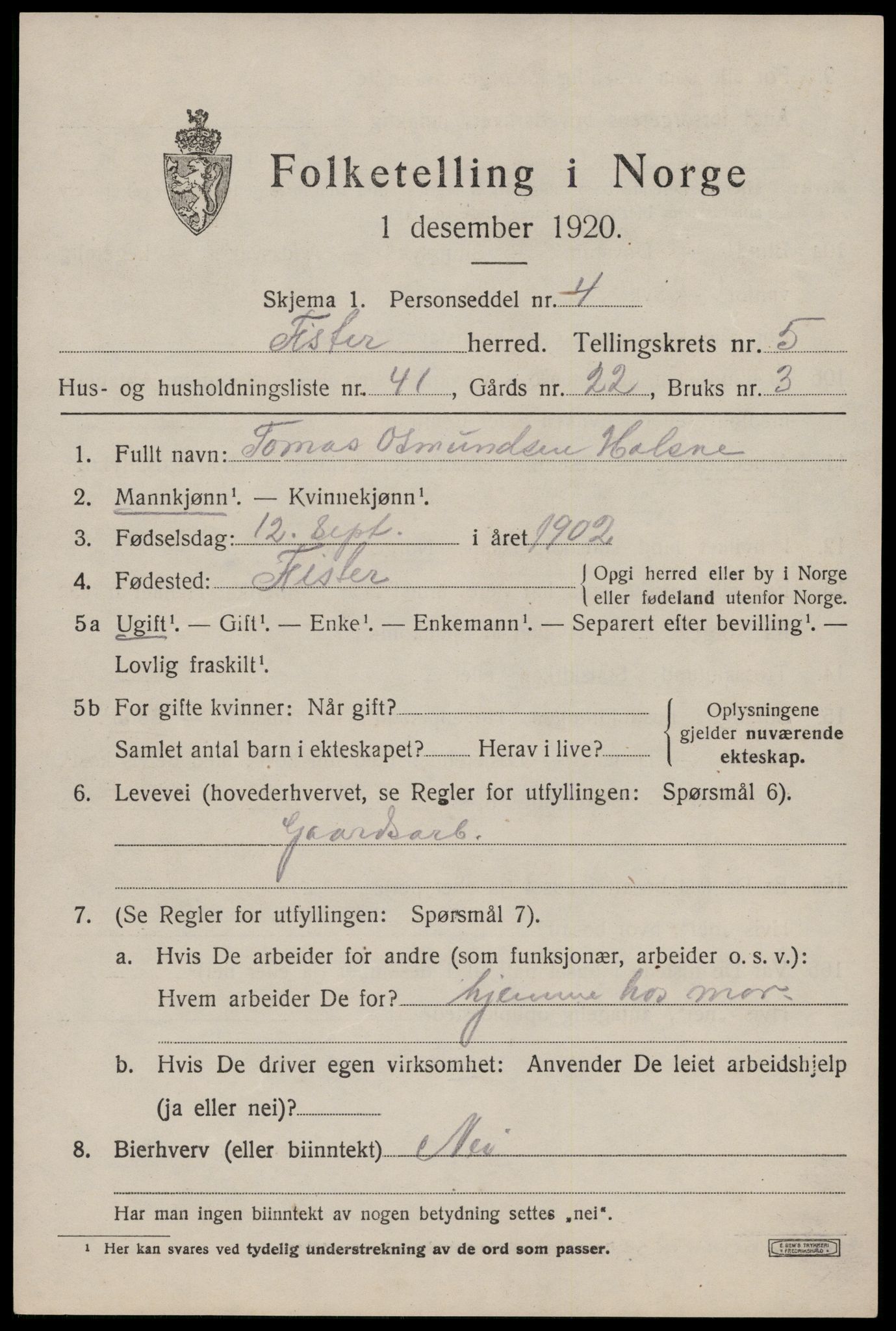 SAST, Folketelling 1920 for 1132 Fister herred, 1920, s. 1761