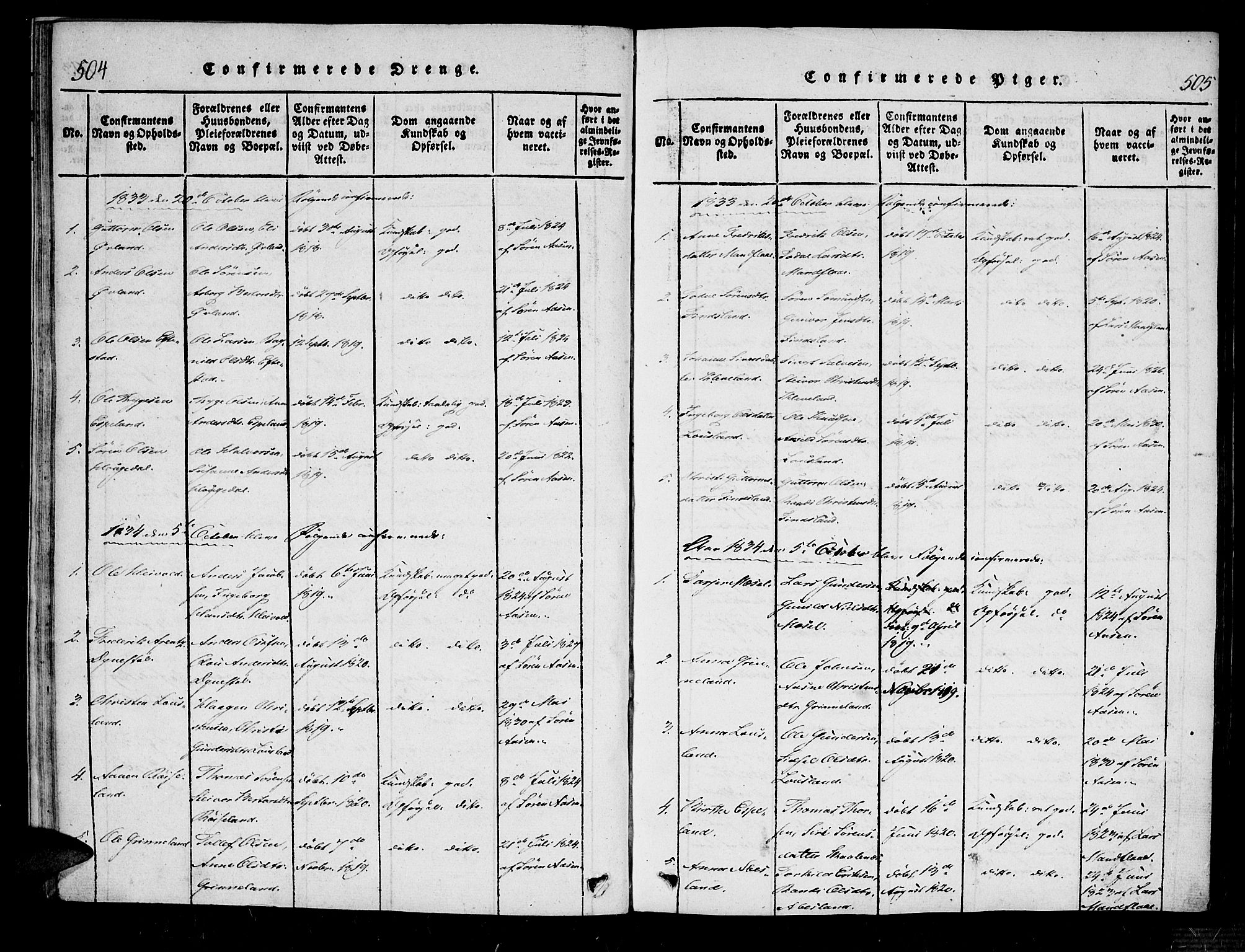 Bjelland sokneprestkontor, SAK/1111-0005/F/Fa/Fab/L0002: Ministerialbok nr. A 2, 1816-1869, s. 504-505