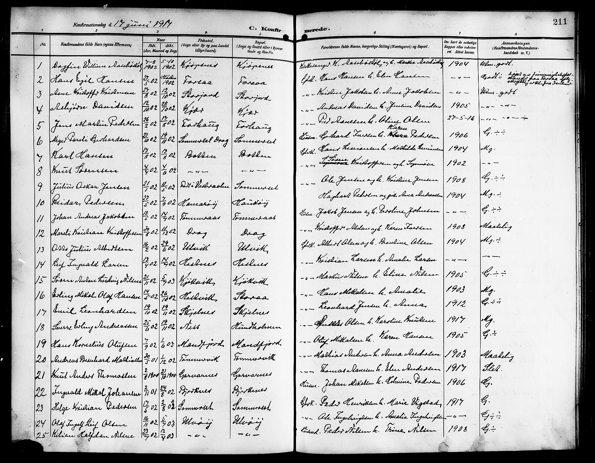 Ministerialprotokoller, klokkerbøker og fødselsregistre - Nordland, AV/SAT-A-1459/861/L0877: Klokkerbok nr. 861C03, 1903-1919, s. 211