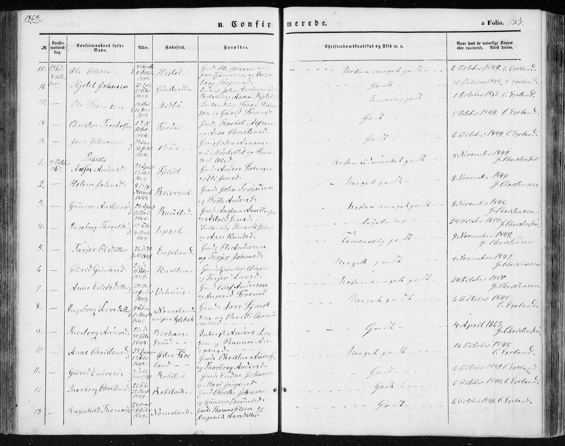 Vennesla sokneprestkontor, AV/SAK-1111-0045/Fa/Fac/L0007: Ministerialbok nr. A 7, 1855-1873, s. 153