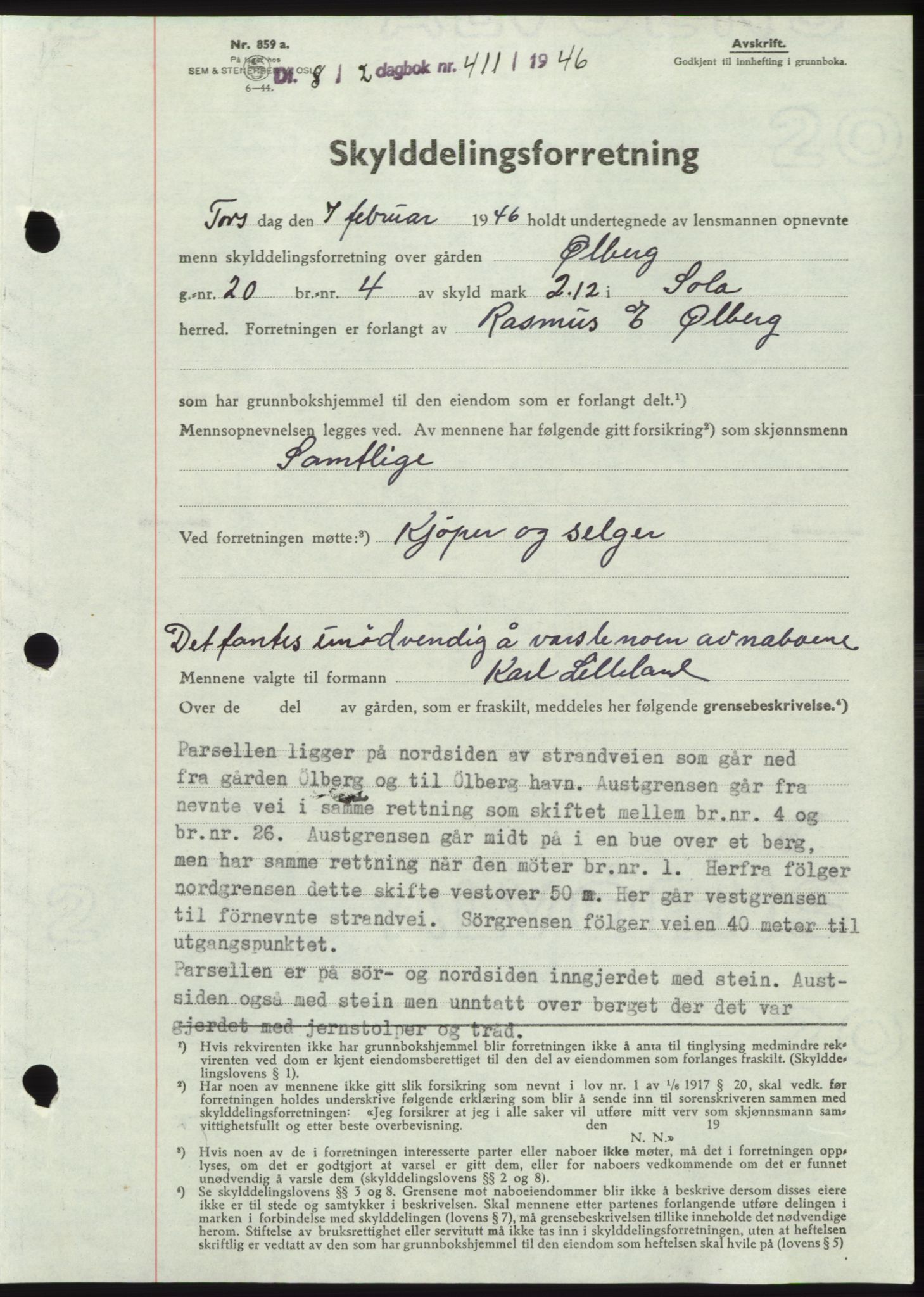 Jæren sorenskriveri, SAST/A-100310/03/G/Gba/L0089: Pantebok, 1946-1946, Dagboknr: 411/1946