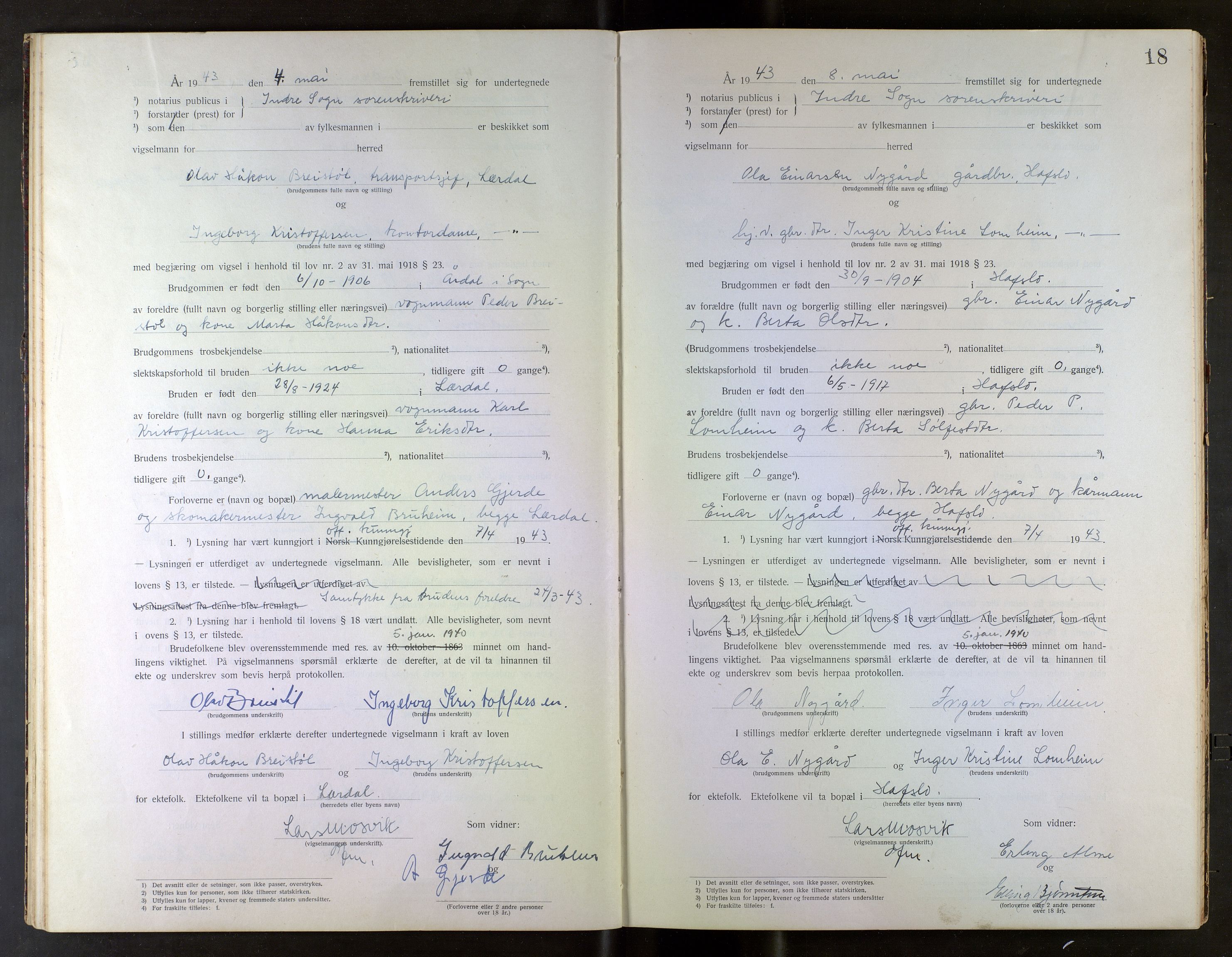 Indre Sogn tingrett, AV/SAB-A-3301/1/L/La/Laa/L0001: Vigselsbok Indre Sogn, 1938-1967, s. 18