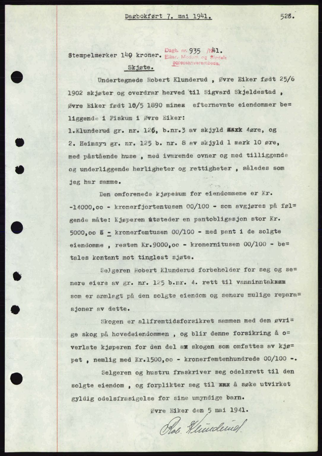 Eiker, Modum og Sigdal sorenskriveri, SAKO/A-123/G/Ga/Gab/L0043: Pantebok nr. A13, 1940-1941, Dagboknr: 935/1941
