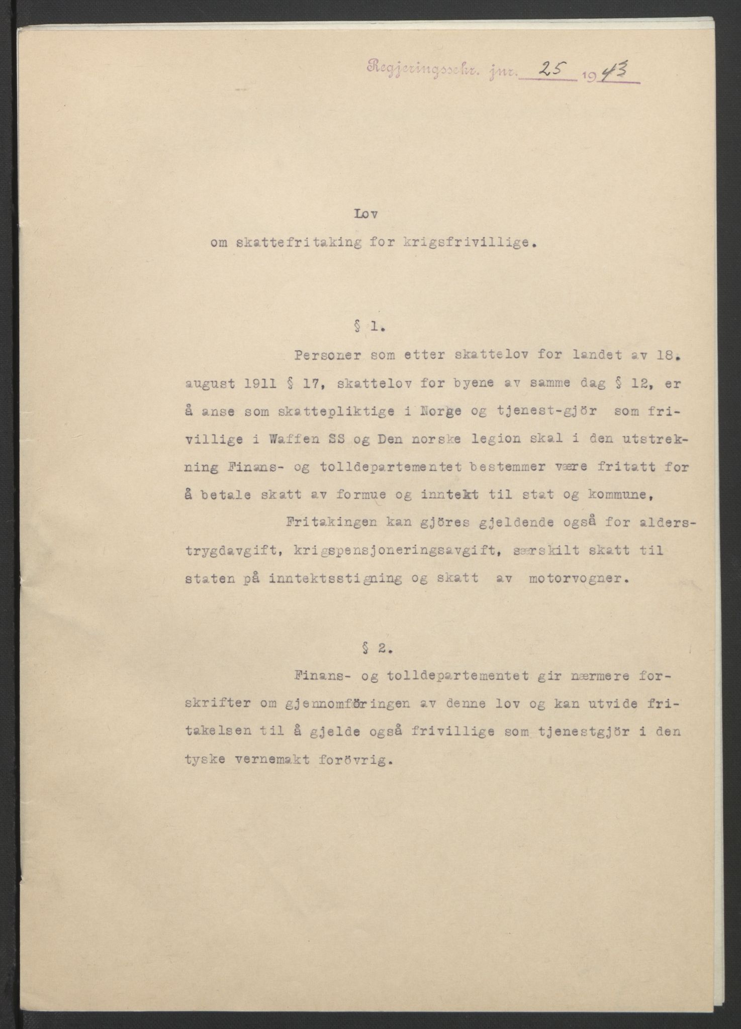 NS-administrasjonen 1940-1945 (Statsrådsekretariatet, de kommisariske statsråder mm), AV/RA-S-4279/D/Db/L0099: Lover, 1943, s. 53