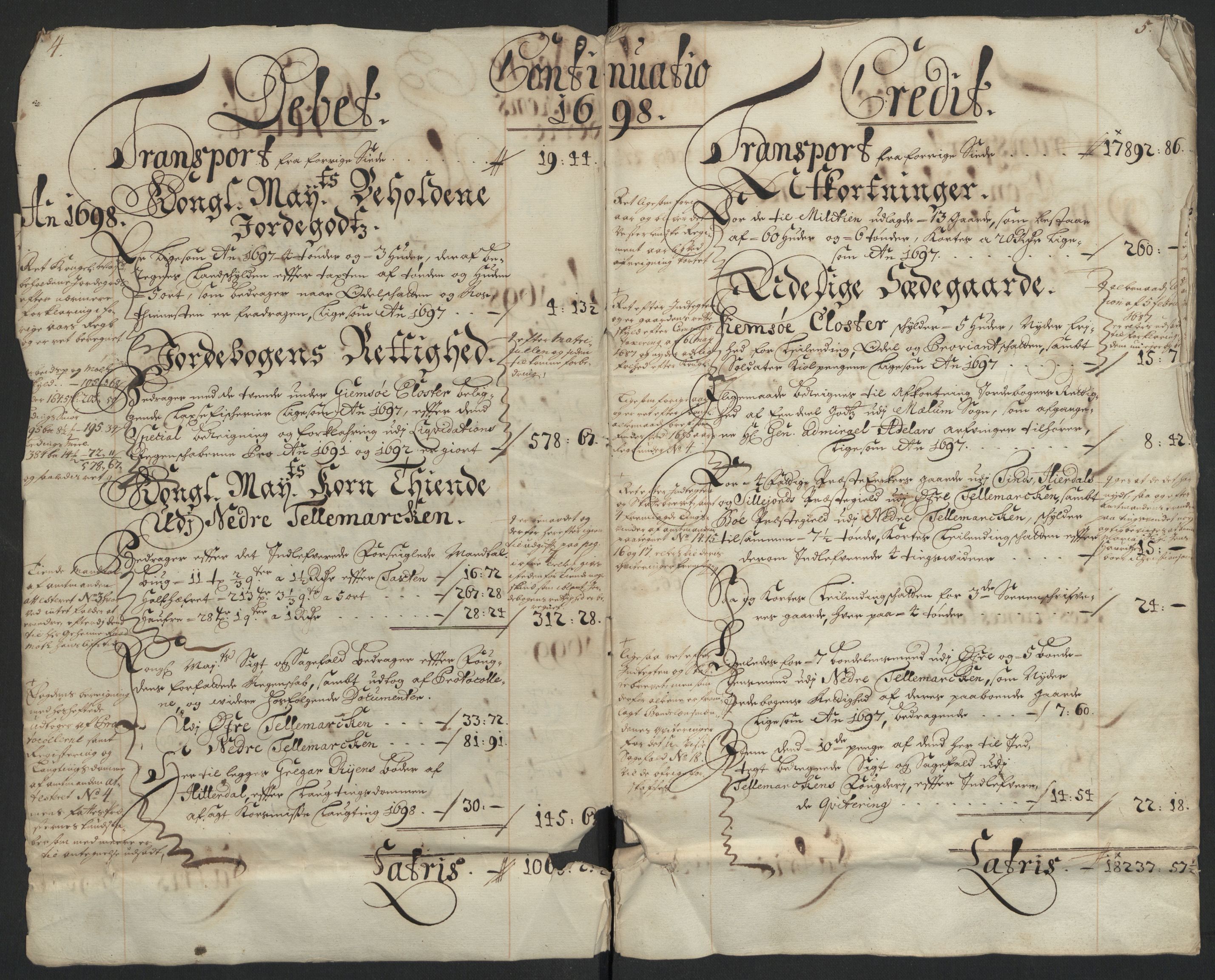 Rentekammeret inntil 1814, Reviderte regnskaper, Fogderegnskap, AV/RA-EA-4092/R36/L2098: Fogderegnskap Øvre og Nedre Telemark og Bamble, 1698, s. 6