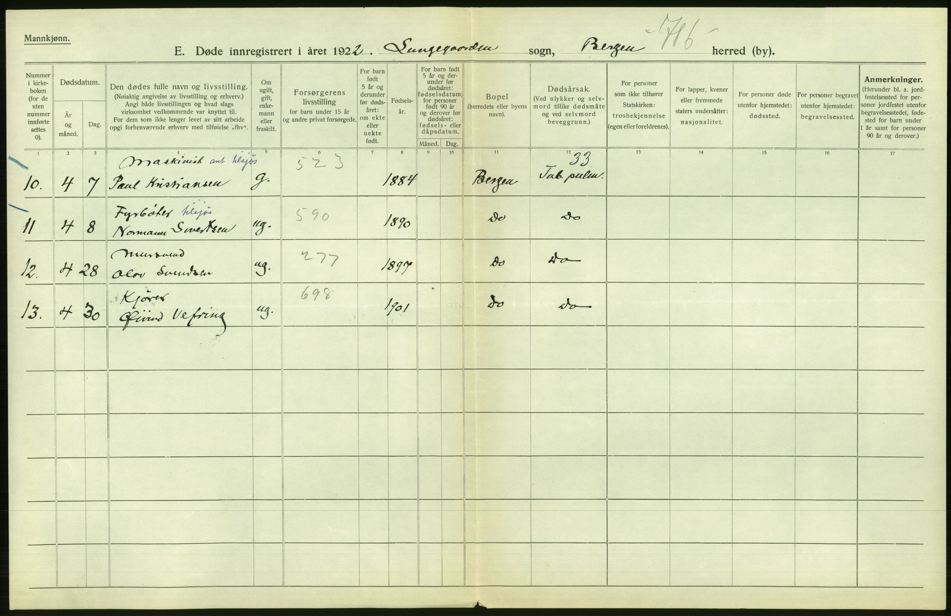 Statistisk sentralbyrå, Sosiodemografiske emner, Befolkning, AV/RA-S-2228/D/Df/Dfc/Dfcb/L0030: Bergen: Gifte, døde, dødfødte., 1922, s. 376