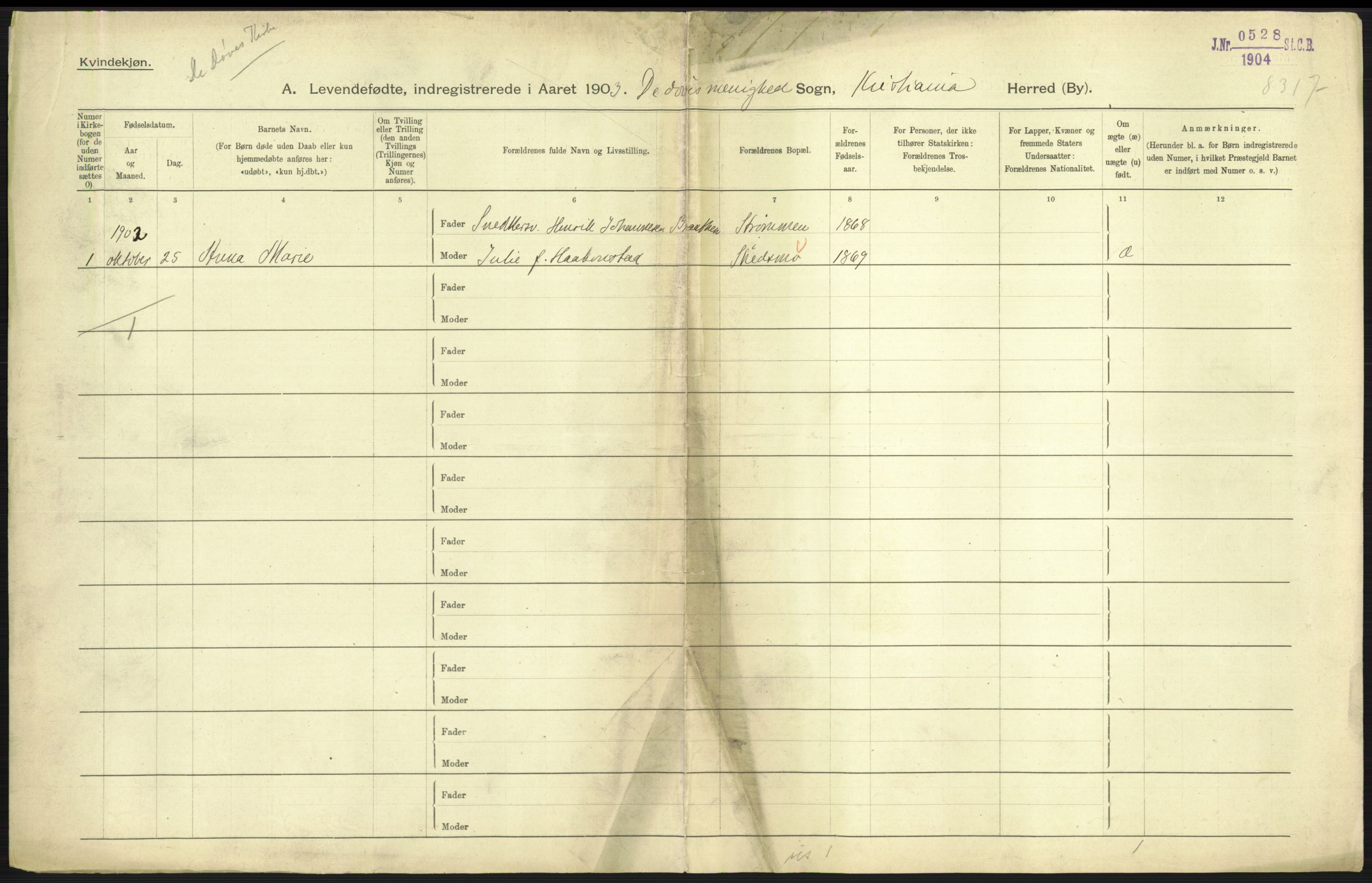 Statistisk sentralbyrå, Sosiodemografiske emner, Befolkning, AV/RA-S-2228/D/Df/Dfa/Dfaa/L0003: Kristiania: Fødte, 1903, s. 437