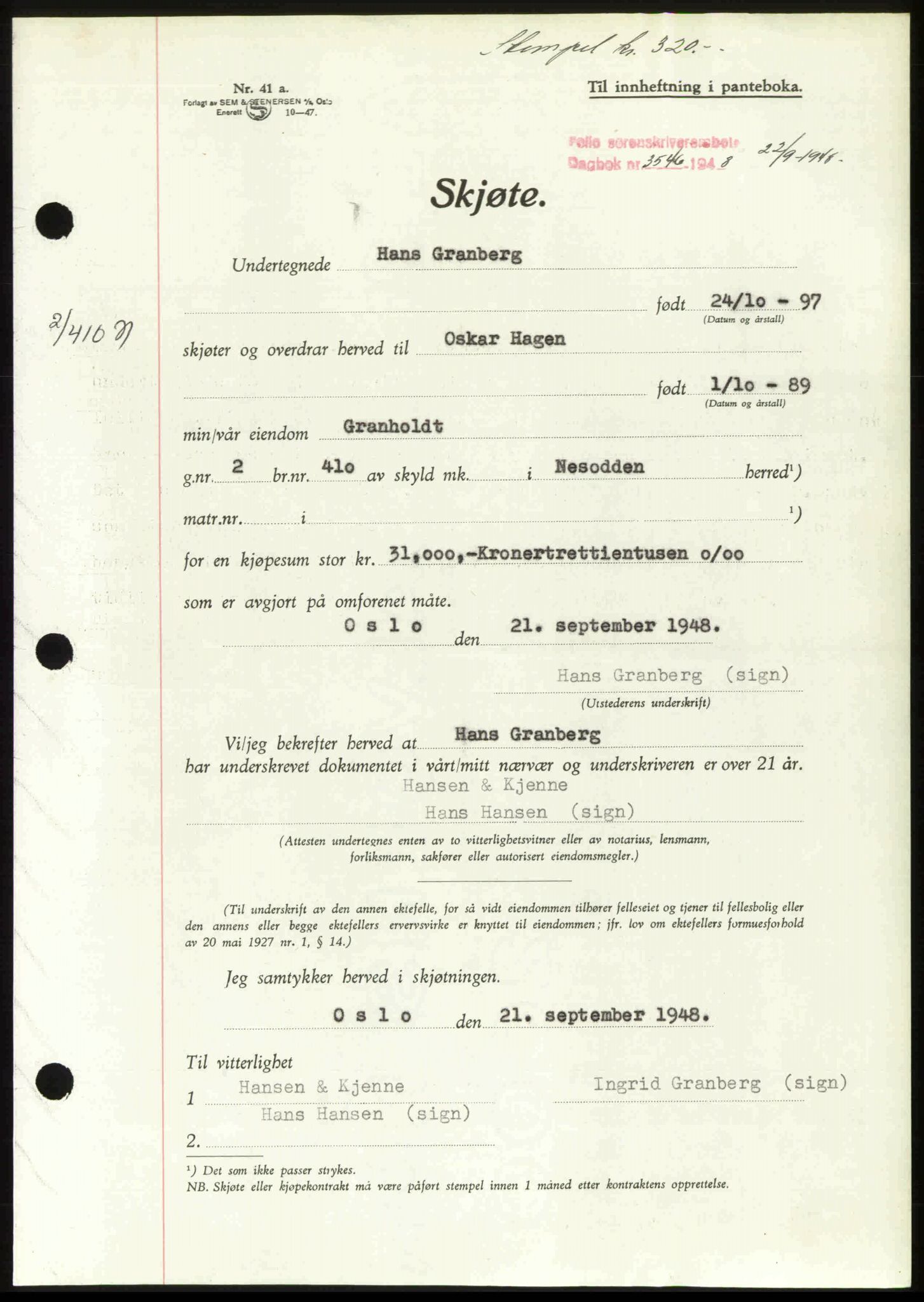 Follo sorenskriveri, SAO/A-10274/G/Ga/Gaa/L0085: Pantebok nr. I 85, 1948-1948, Dagboknr: 3546/1948