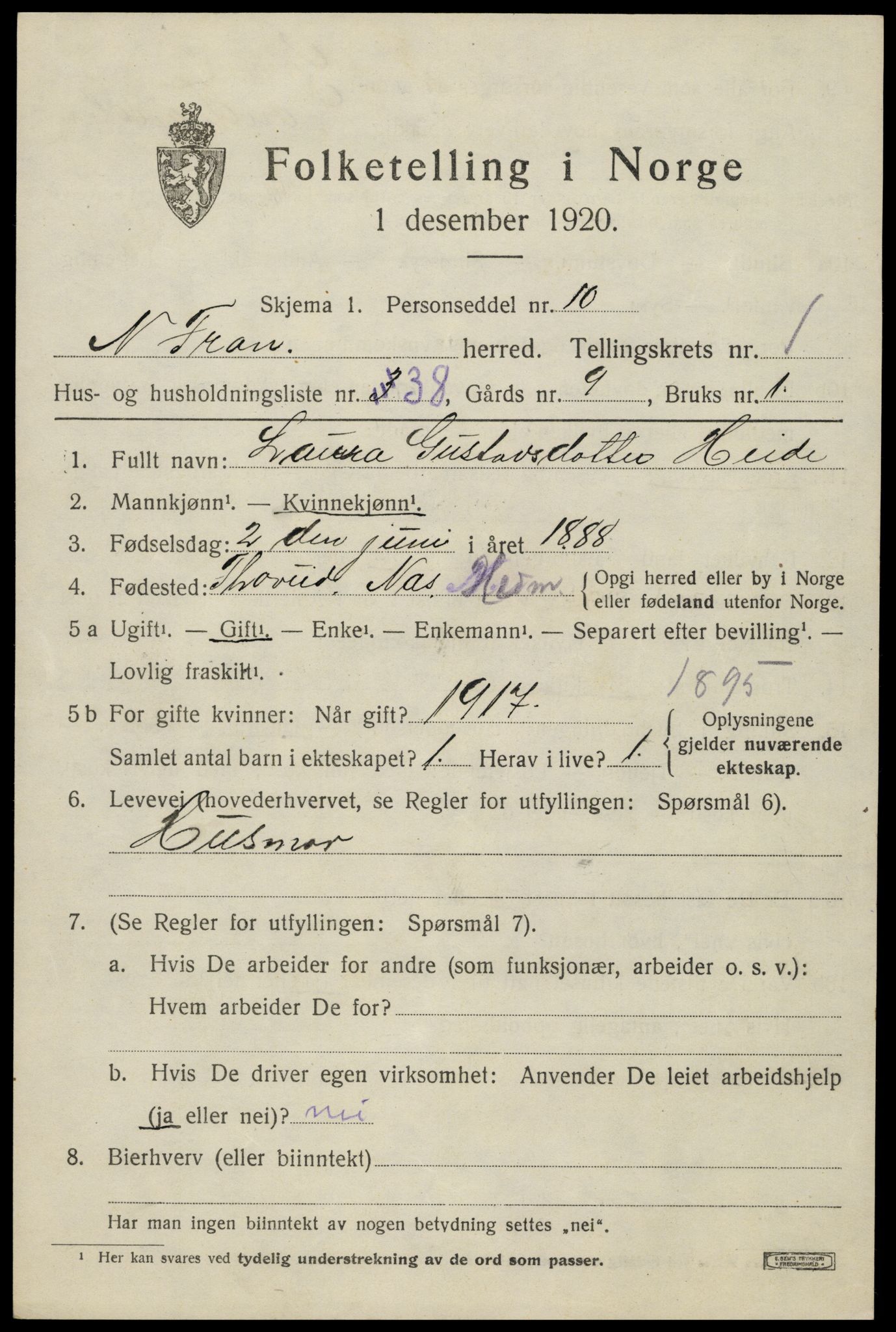 SAH, Folketelling 1920 for 0518 Nord-Fron herred, 1920, s. 2106