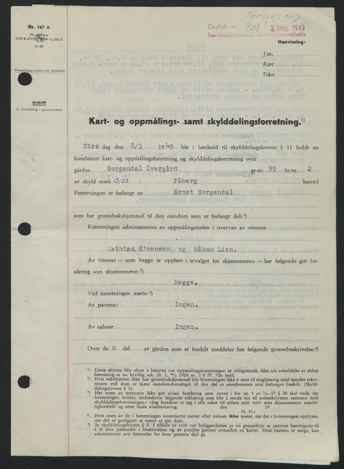 Sør-Gudbrandsdal tingrett, SAH/TING-004/H/Hb/Hbd/L0024: Pantebok nr. A24, 1948-1949, Dagboknr: 801/1949