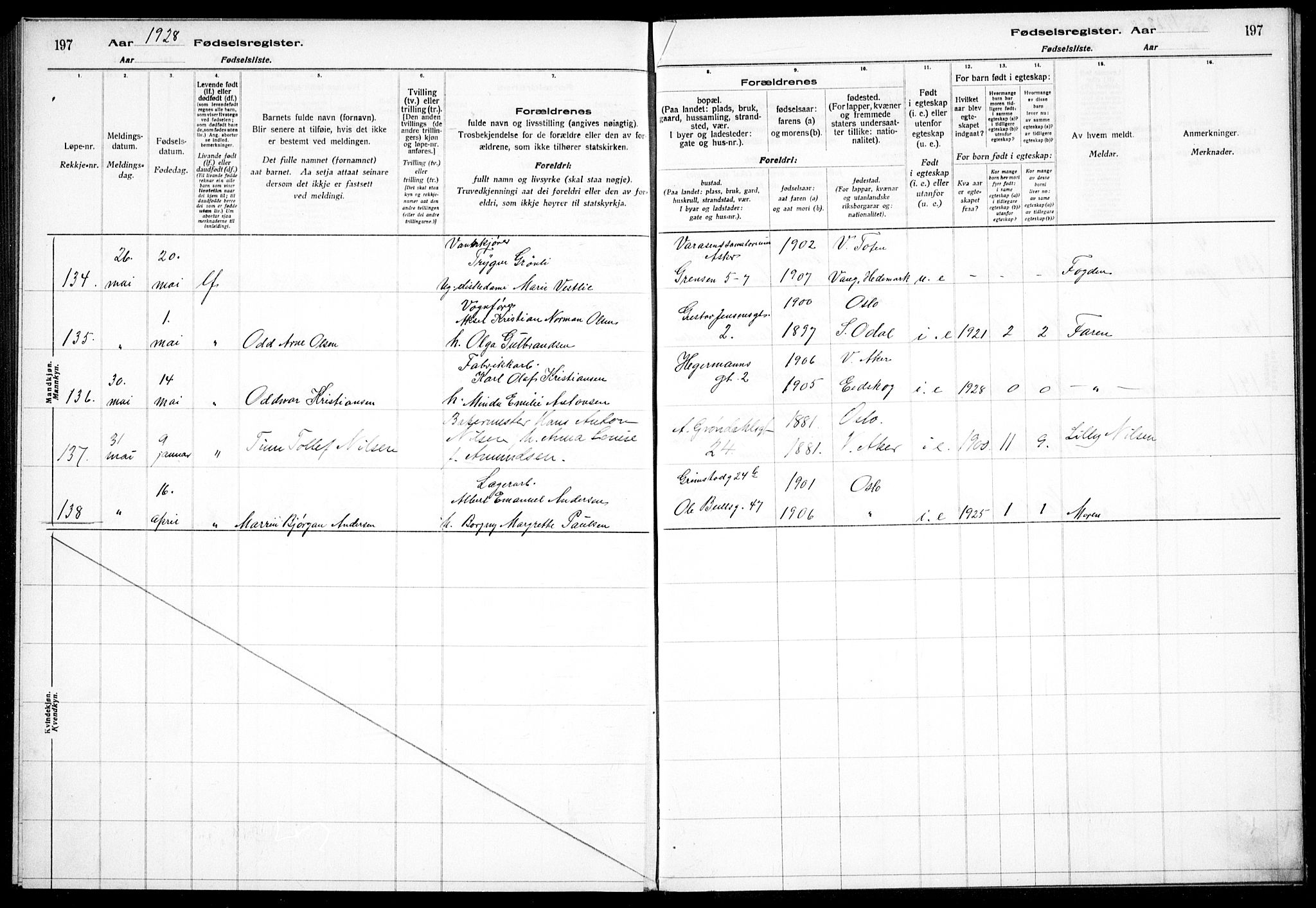 Sagene prestekontor Kirkebøker, AV/SAO-A-10796/J/L0004: Fødselsregister nr. 4, 1925-1928, s. 197