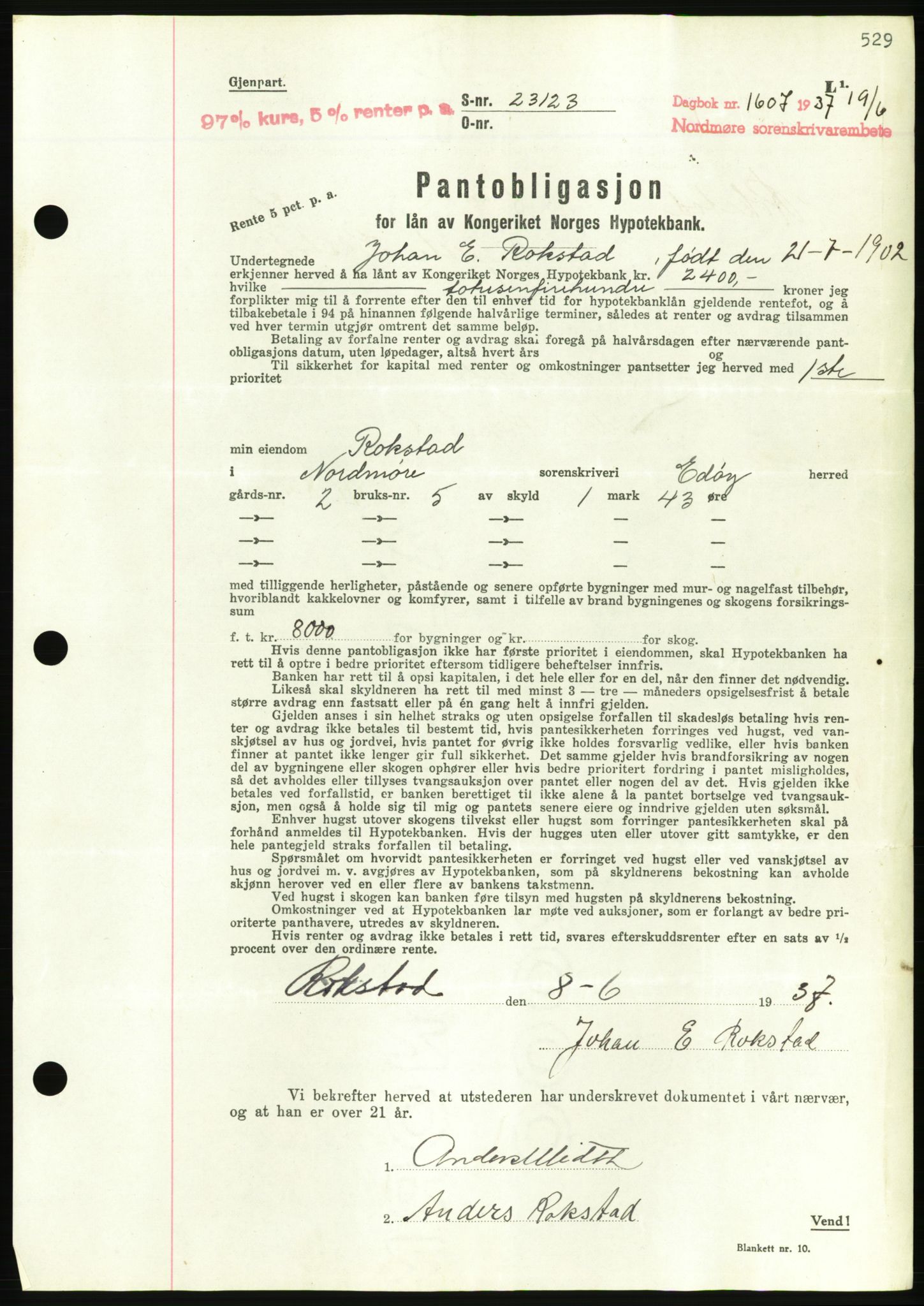 Nordmøre sorenskriveri, AV/SAT-A-4132/1/2/2Ca/L0091: Pantebok nr. B81, 1937-1937, Dagboknr: 1607/1937