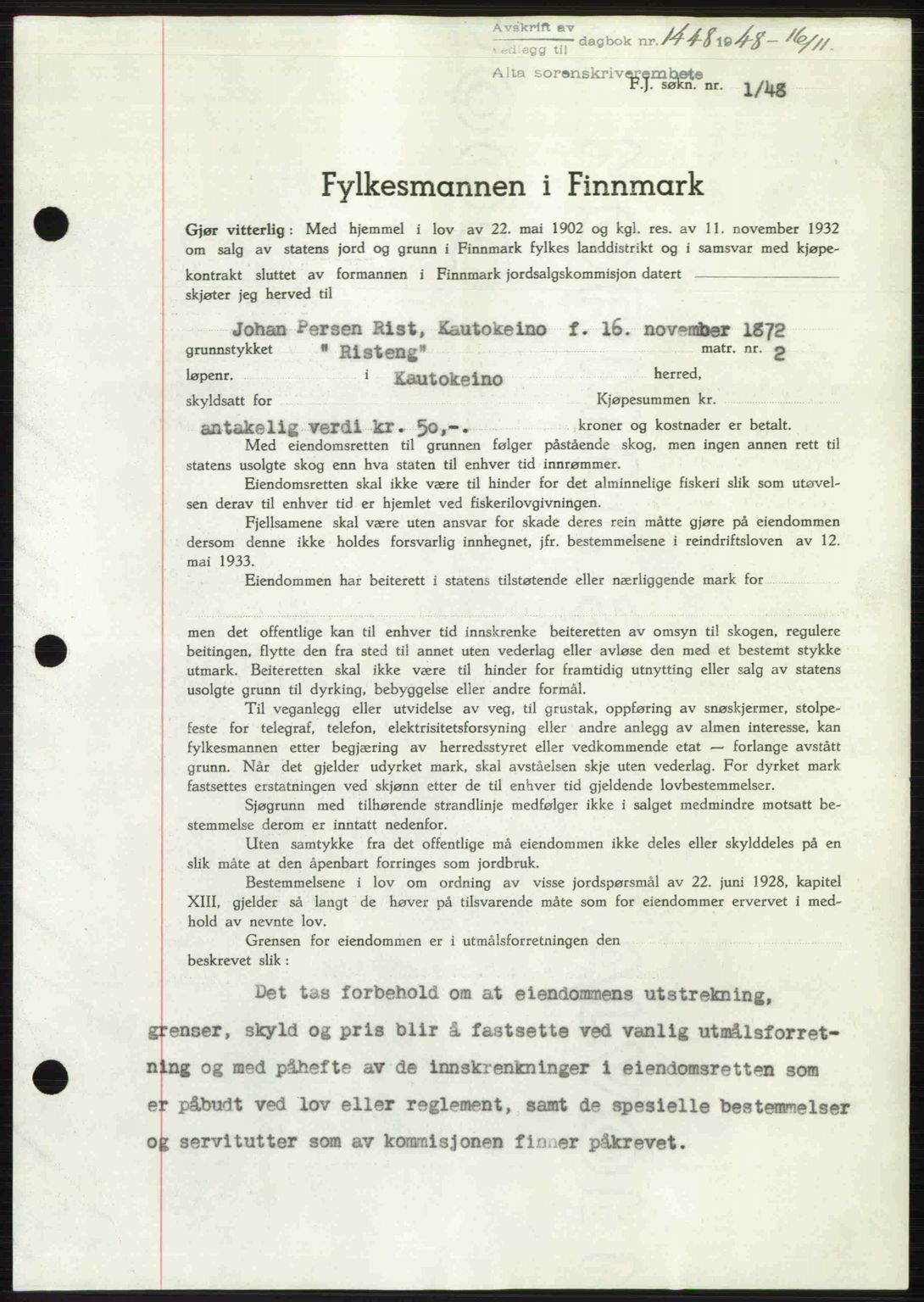 Alta fogderi/sorenskriveri, AV/SATØ-SATØ-5/1/K/Kd/L0037pantebok: Pantebok nr. 39-40, 1948-1949, Dagboknr: 1448/1948