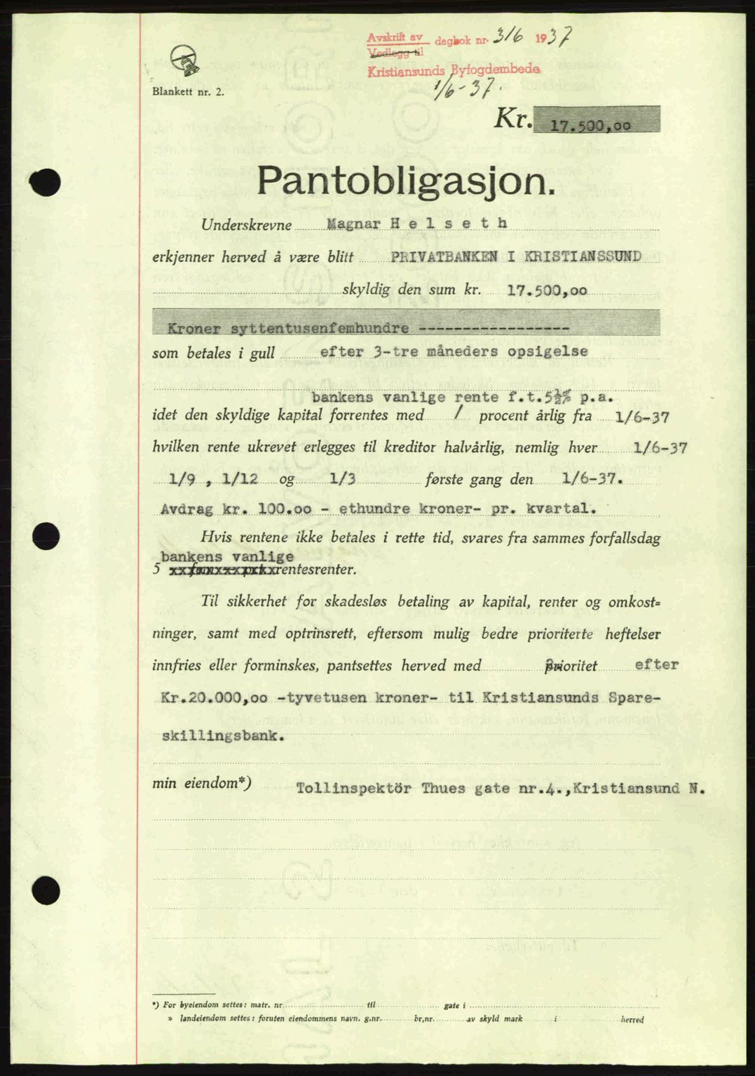 Kristiansund byfogd, SAT/A-4587/A/27: Pantebok nr. 29, 1936-1937, Dagboknr: 316/1937