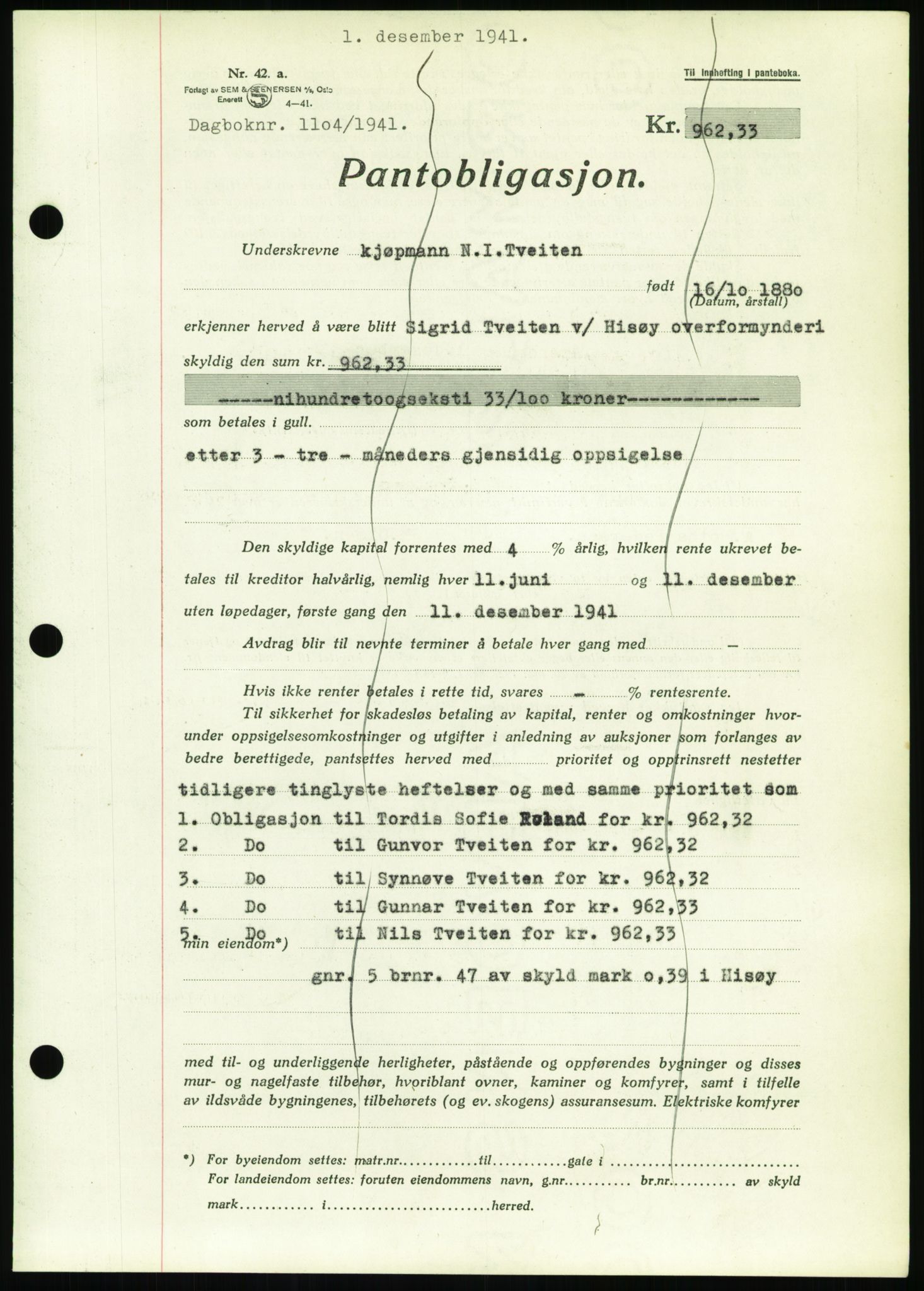 Nedenes sorenskriveri, SAK/1221-0006/G/Gb/Gbb/L0001: Pantebok nr. I, 1939-1942, Dagboknr: 1104/1941