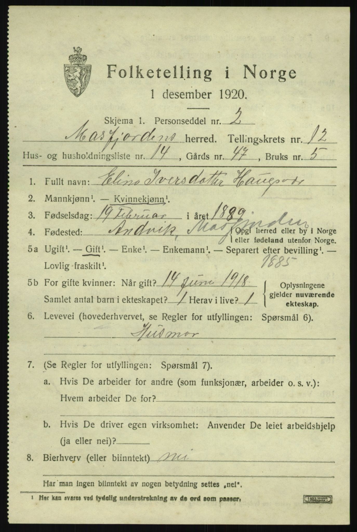 SAB, Folketelling 1920 for 1266 Masfjorden herred, 1920, s. 4691