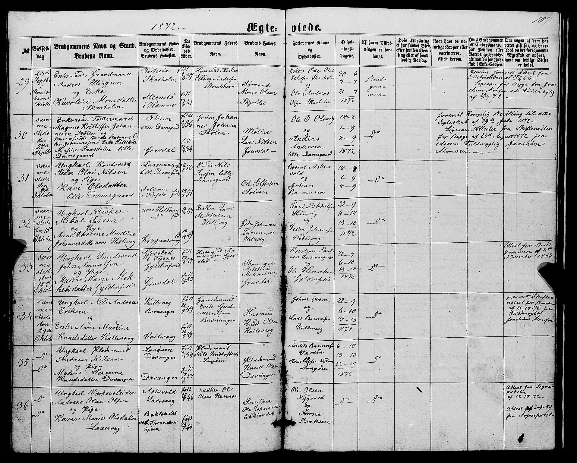 Askøy Sokneprestembete, AV/SAB-A-74101/H/Ha/Hab/Haba/L0006: Klokkerbok nr. A 6, 1861-1881, s. 107