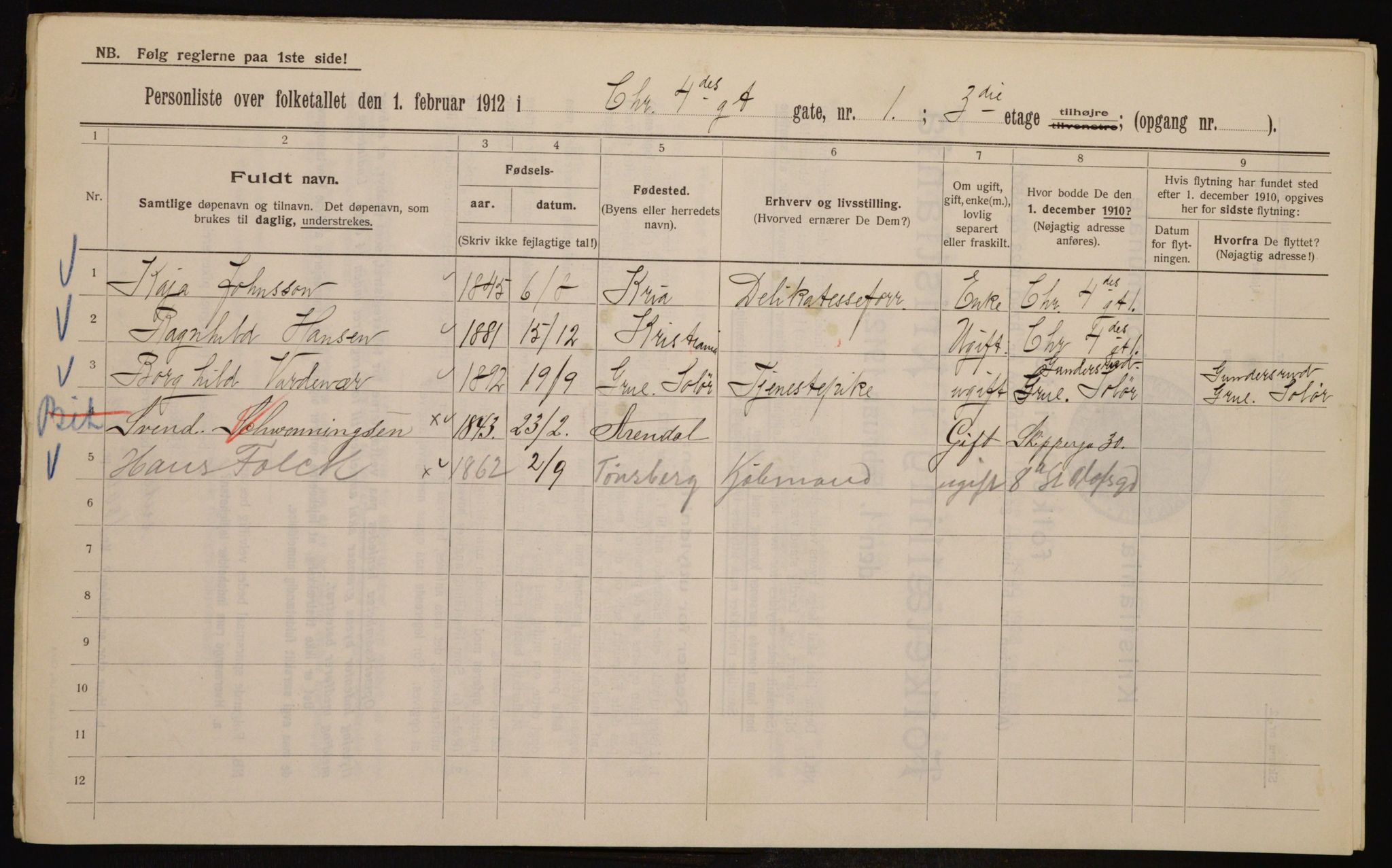 OBA, Kommunal folketelling 1.2.1912 for Kristiania, 1912, s. 54383