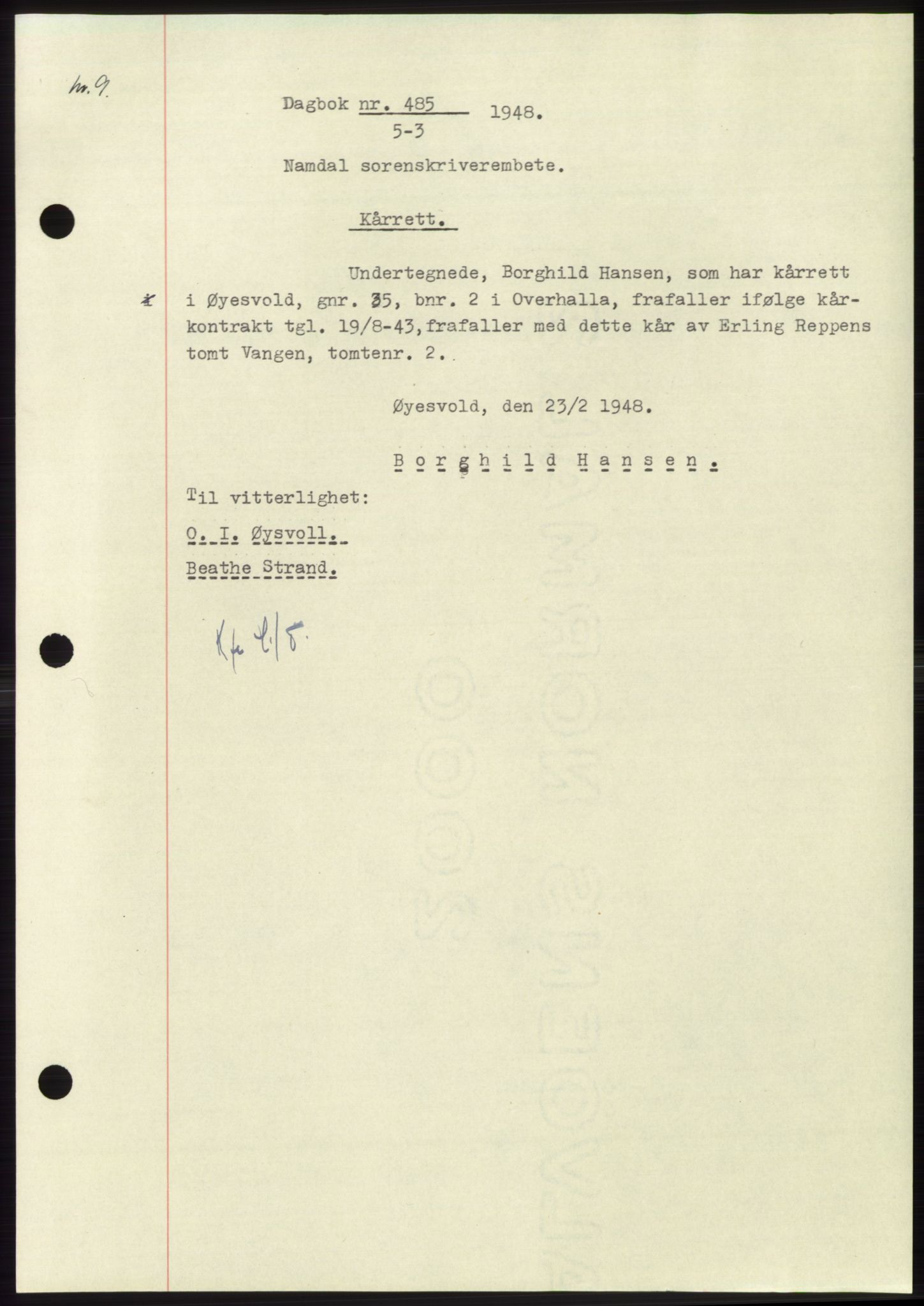Namdal sorenskriveri, SAT/A-4133/1/2/2C: Pantebok nr. -, 1947-1948, Dagboknr: 485/1948