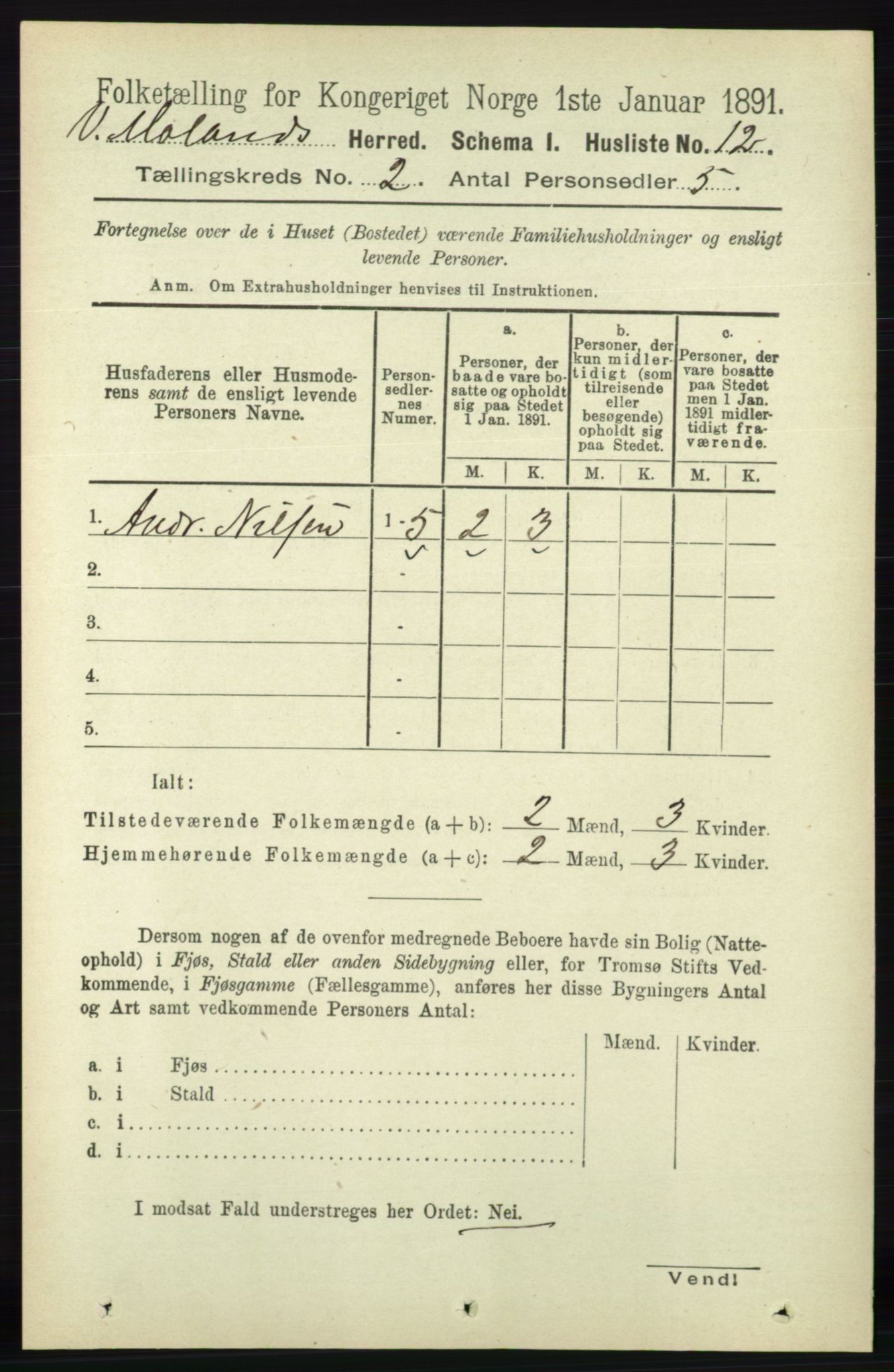 RA, Folketelling 1891 for 0926 Vestre Moland herred, 1891, s. 579