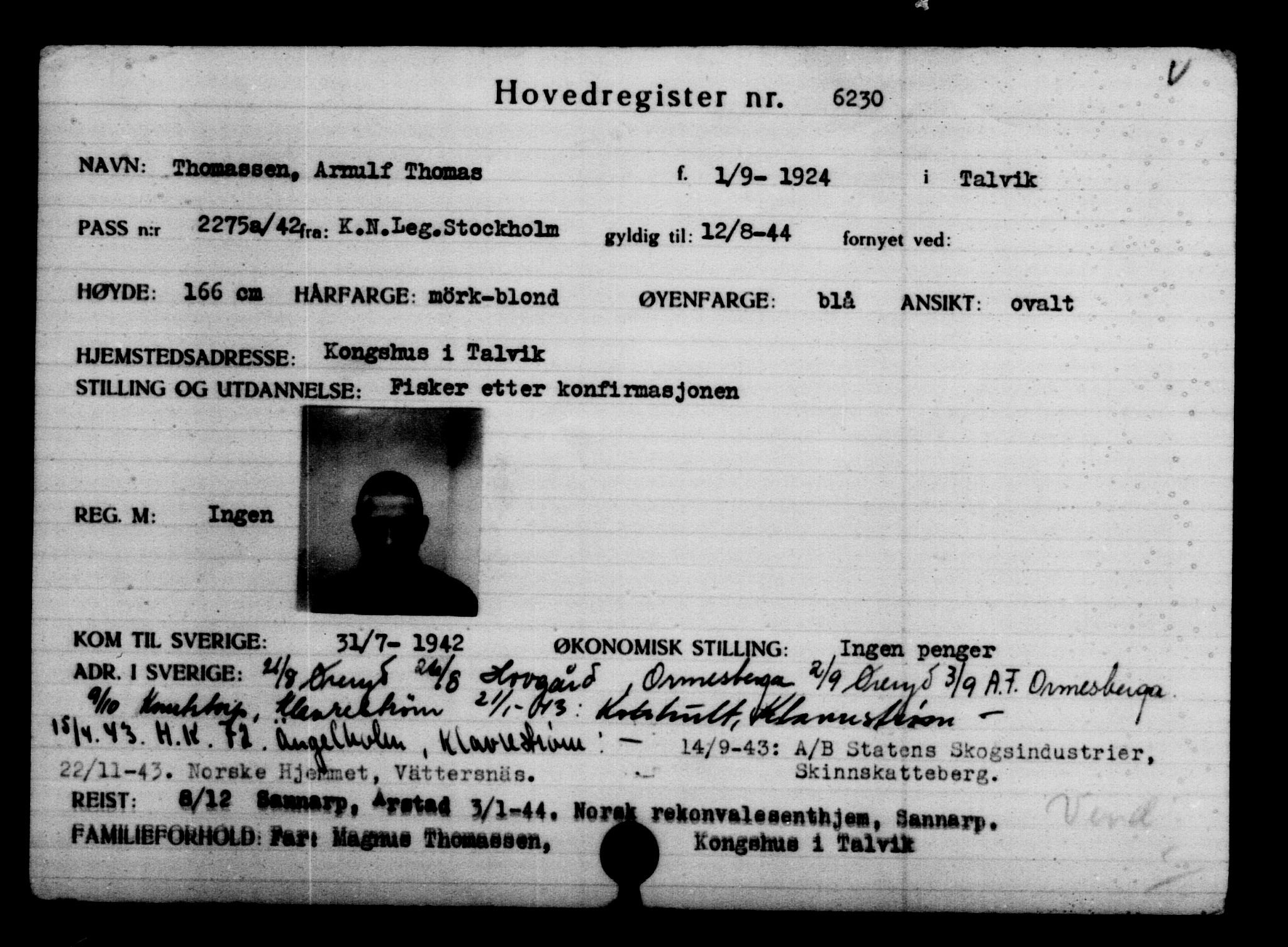Utenriksstasjonene, Legasjonen i Stockholm, Flyktningkontoret, AV/RA-S-6753/V/Va/L0004: Kjesäterkartoteket, flyktninger med registreringsnr. 3496-6610, 1940-1945, s. 3217