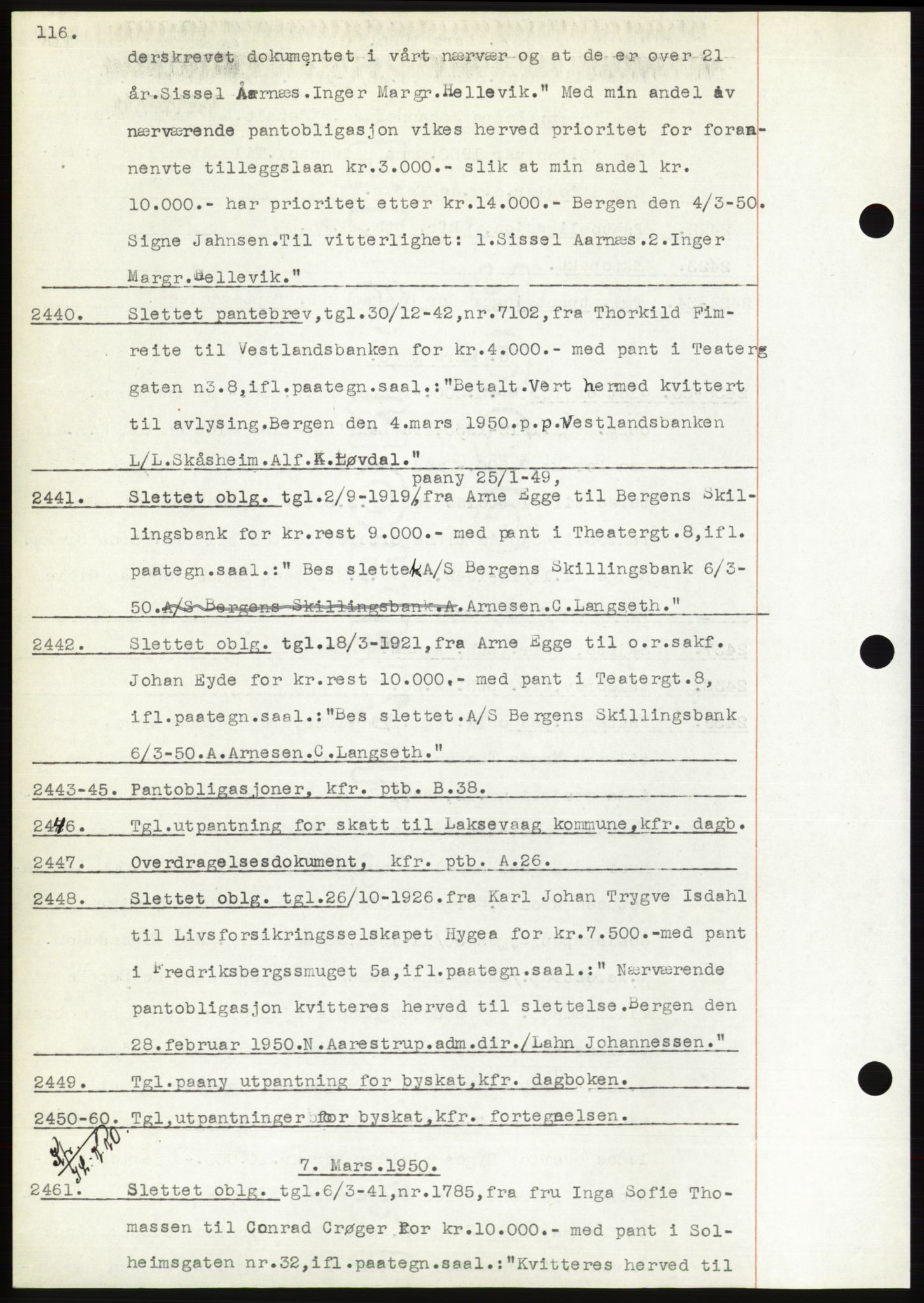 Byfogd og Byskriver i Bergen, AV/SAB-A-3401/03: Pantebok nr. C 38, 1949-1950, Dagboknr: 2440/1950