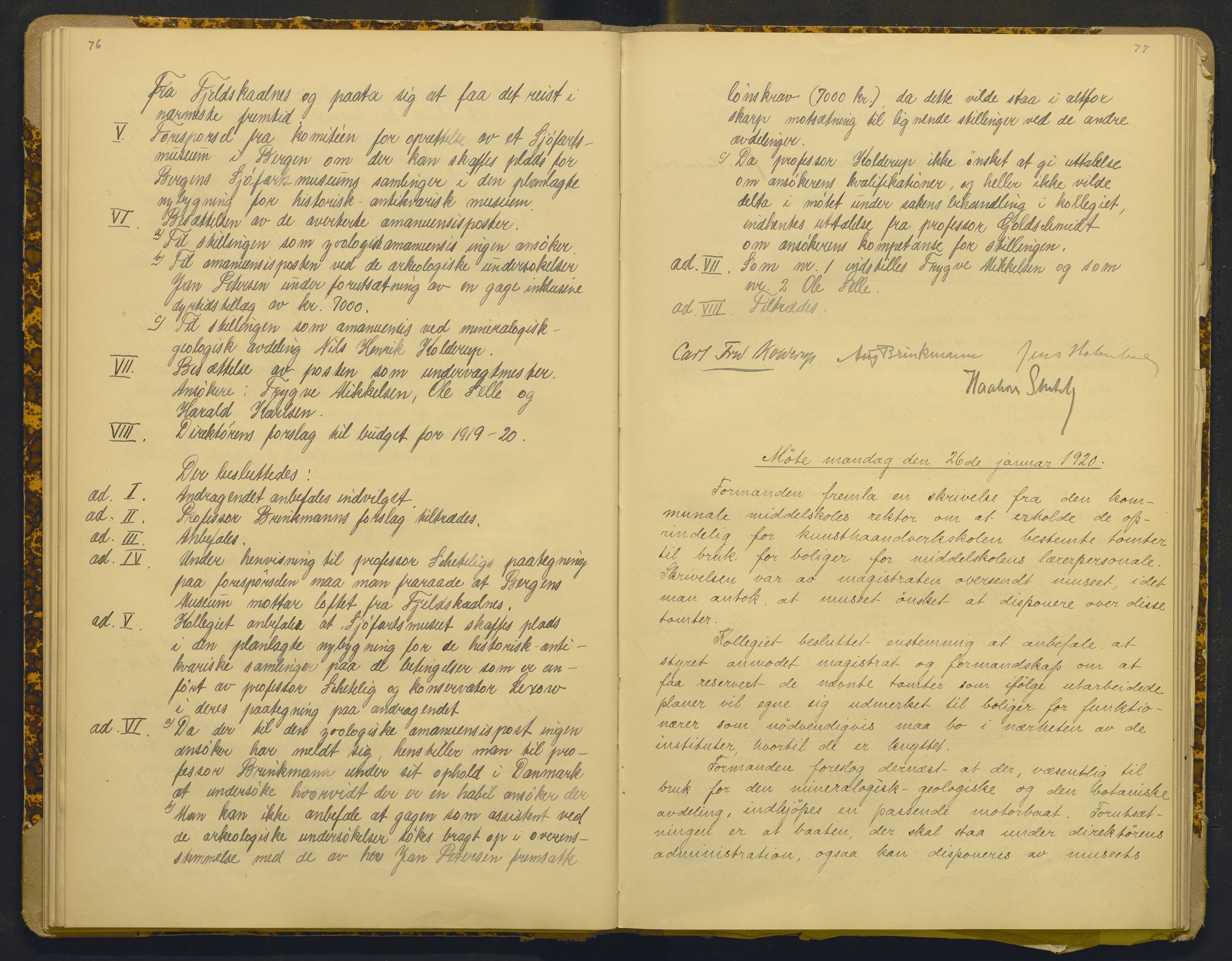 Bergens Museum, AV/SAB-A-17301/18/A/L0001: Bestyrerkollegiets forhandlingsprotokoll med register , 1907-1927, s. 76-77