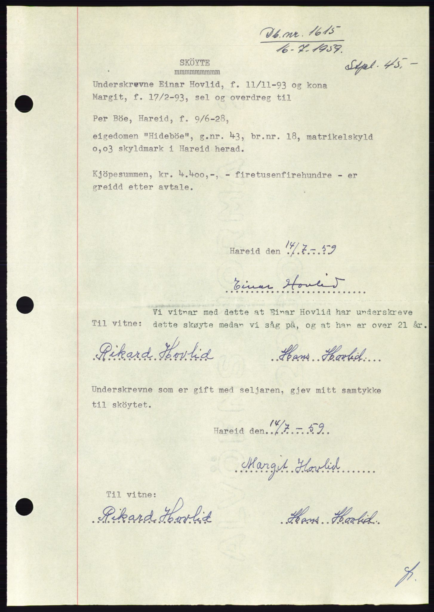 Søre Sunnmøre sorenskriveri, SAT/A-4122/1/2/2C/L0113: Pantebok nr. 39A, 1959-1959, Dagboknr: 1615/1959