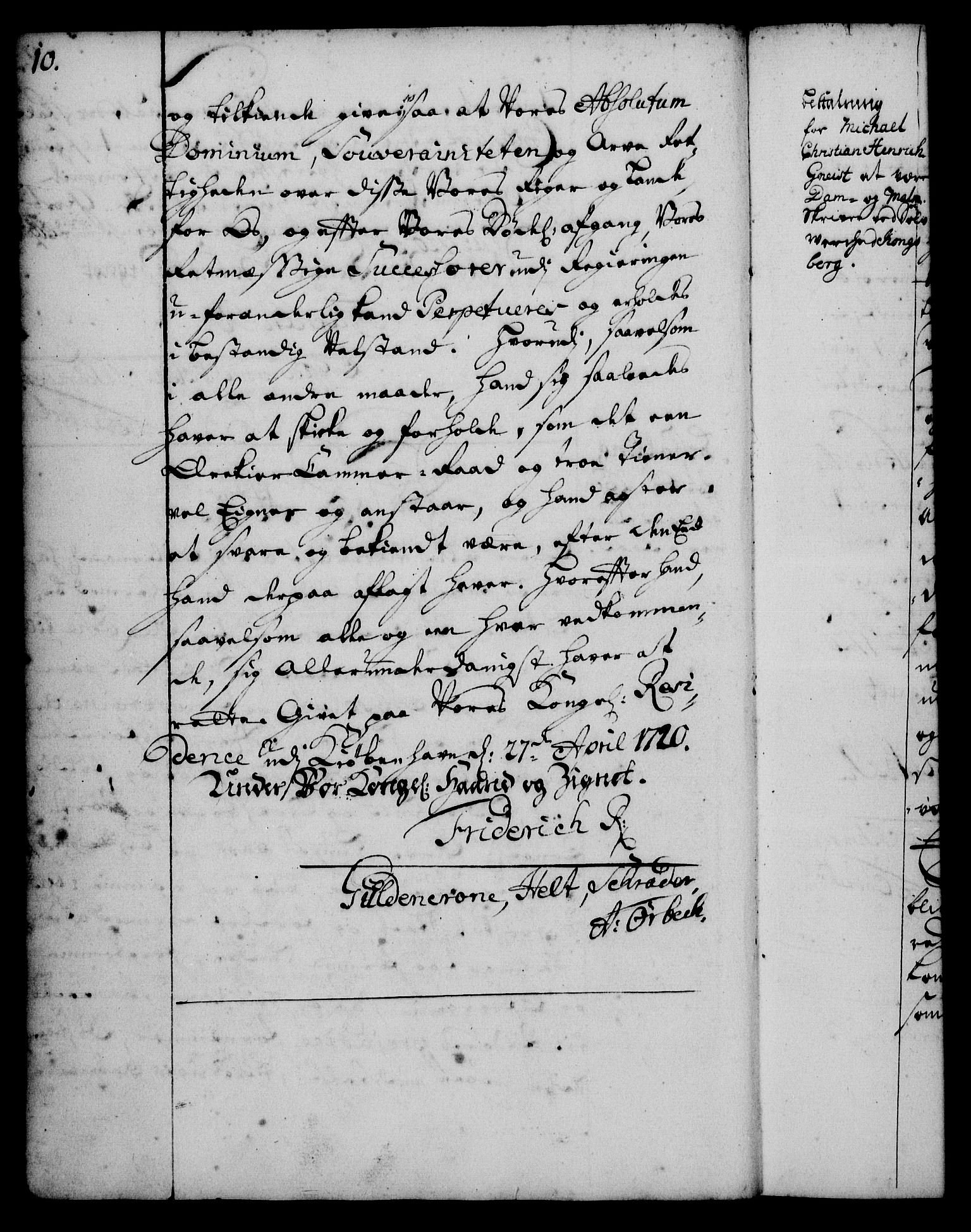 Rentekammeret, Kammerkanselliet, AV/RA-EA-3111/G/Gg/Gge/L0001: Norsk bestallingsprotokoll med register (merket RK 53.25), 1720-1730, s. 10