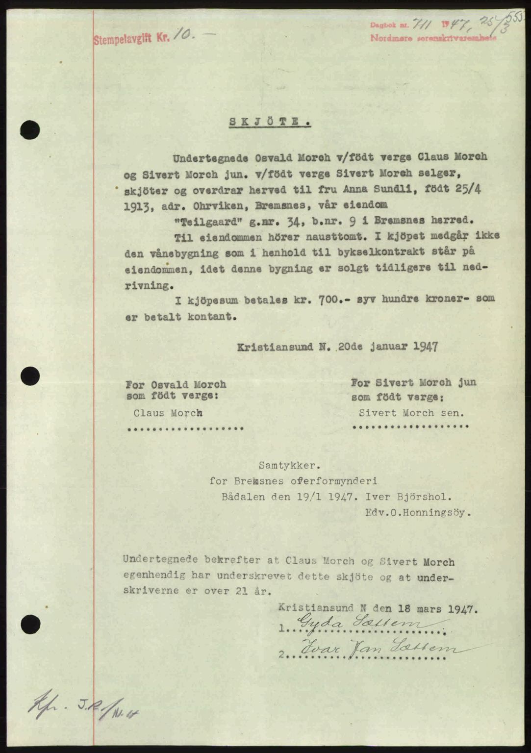 Nordmøre sorenskriveri, SAT/A-4132/1/2/2Ca: Pantebok nr. A104, 1947-1947, Dagboknr: 711/1947