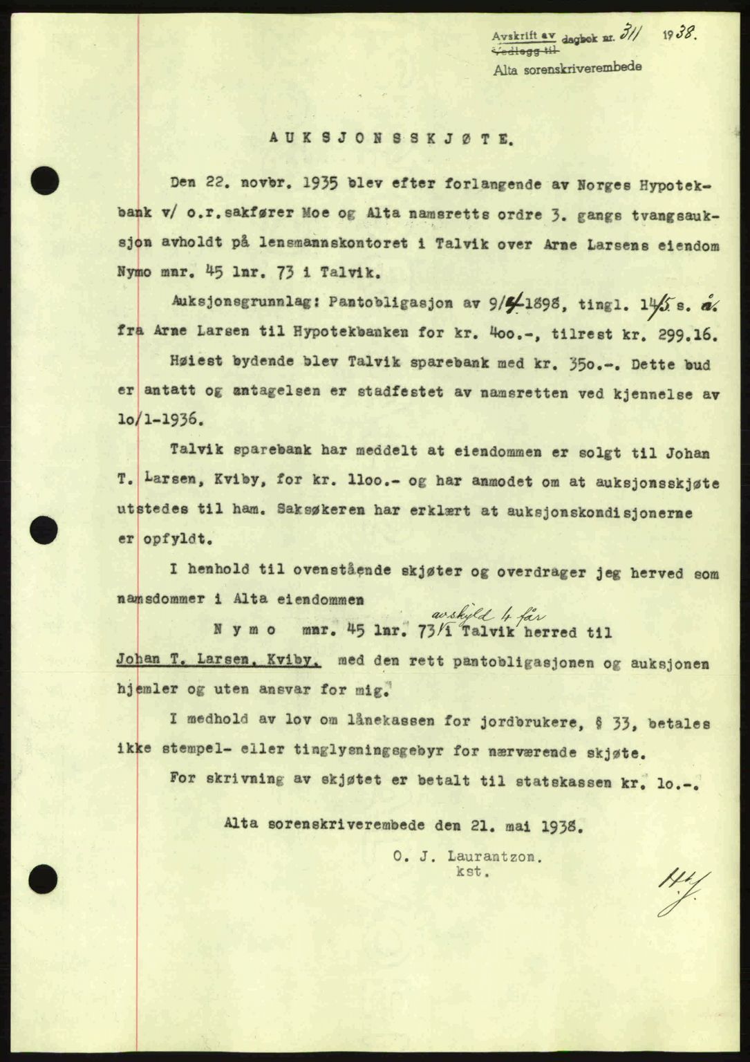 Alta fogderi/sorenskriveri, SATØ/SATØ-5/1/K/Kd/L0031pantebok: Pantebok nr. 31, 1938-1939, Dagboknr: 311/1938
