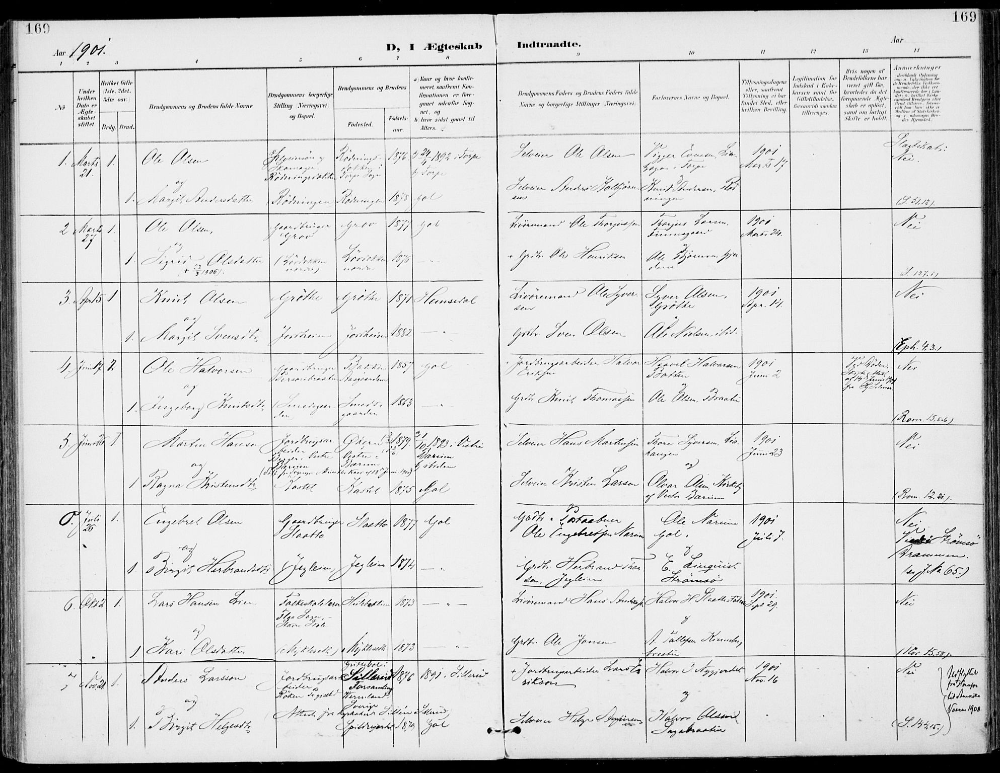 Gol kirkebøker, AV/SAKO-A-226/F/Fa/L0006: Ministerialbok nr. I 6, 1901-1918, s. 169